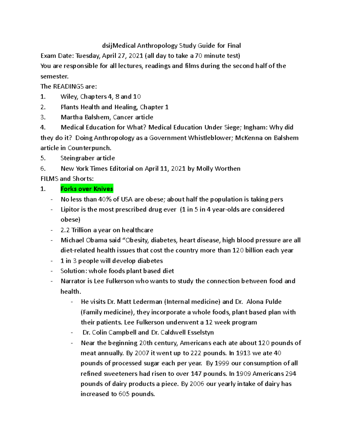 Medical Anthropology Study Guide for Final The READINGS are Wiley