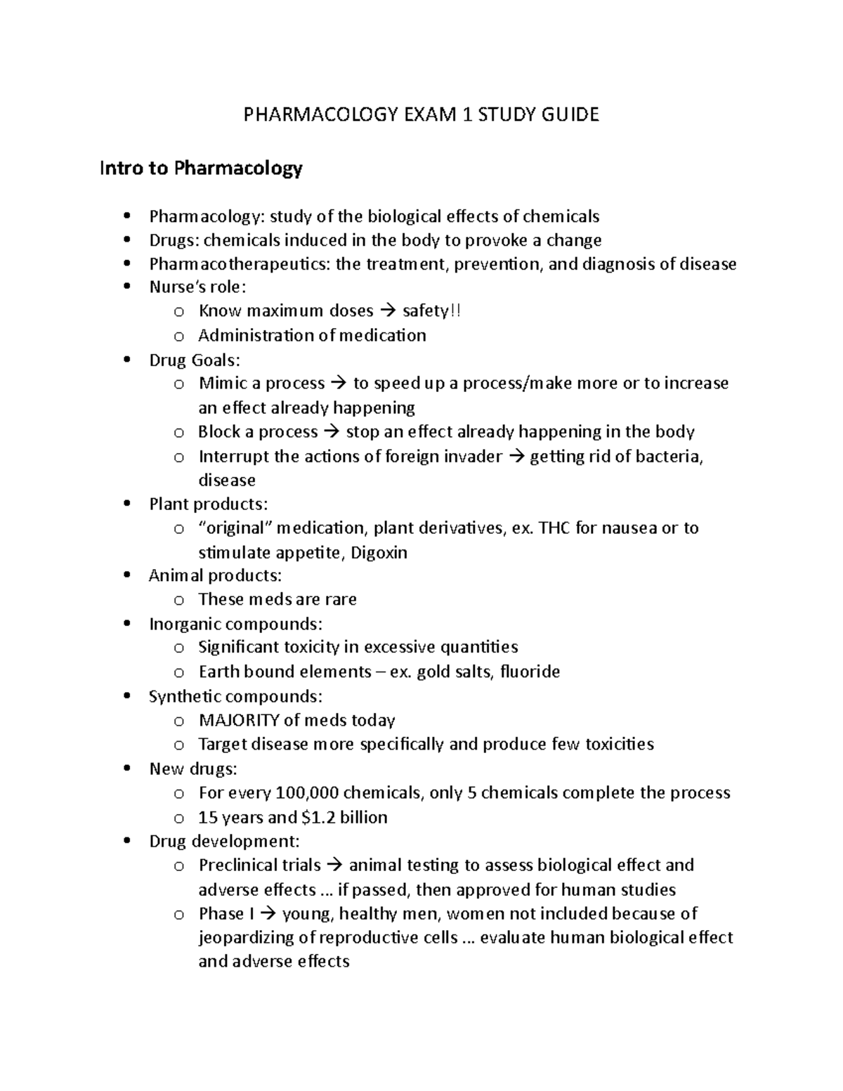 2:1:18 Pharmacology I Study Guide Exam 1 - PHARMACOLOGY EXAM 1 STUDY ...