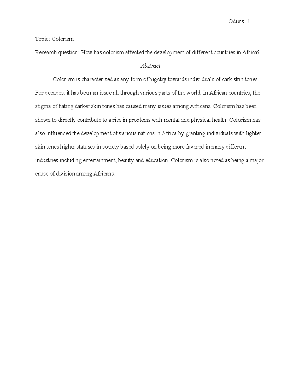 HUM 102 Final Draft - Topic: Colorism Research question: How has ...