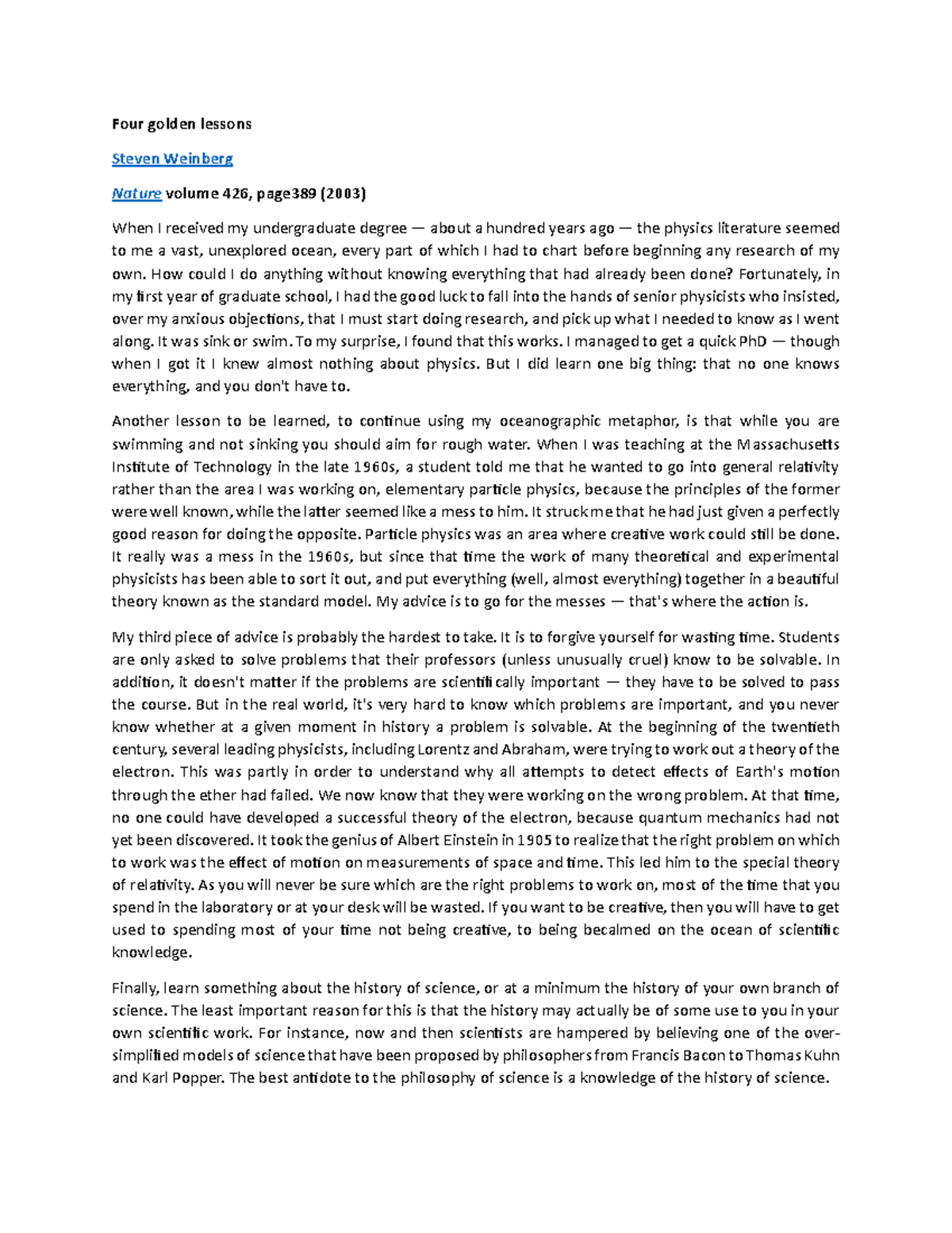 Bản dịch - Four golden lessons Steven Weinberg Nature volume 426 ...