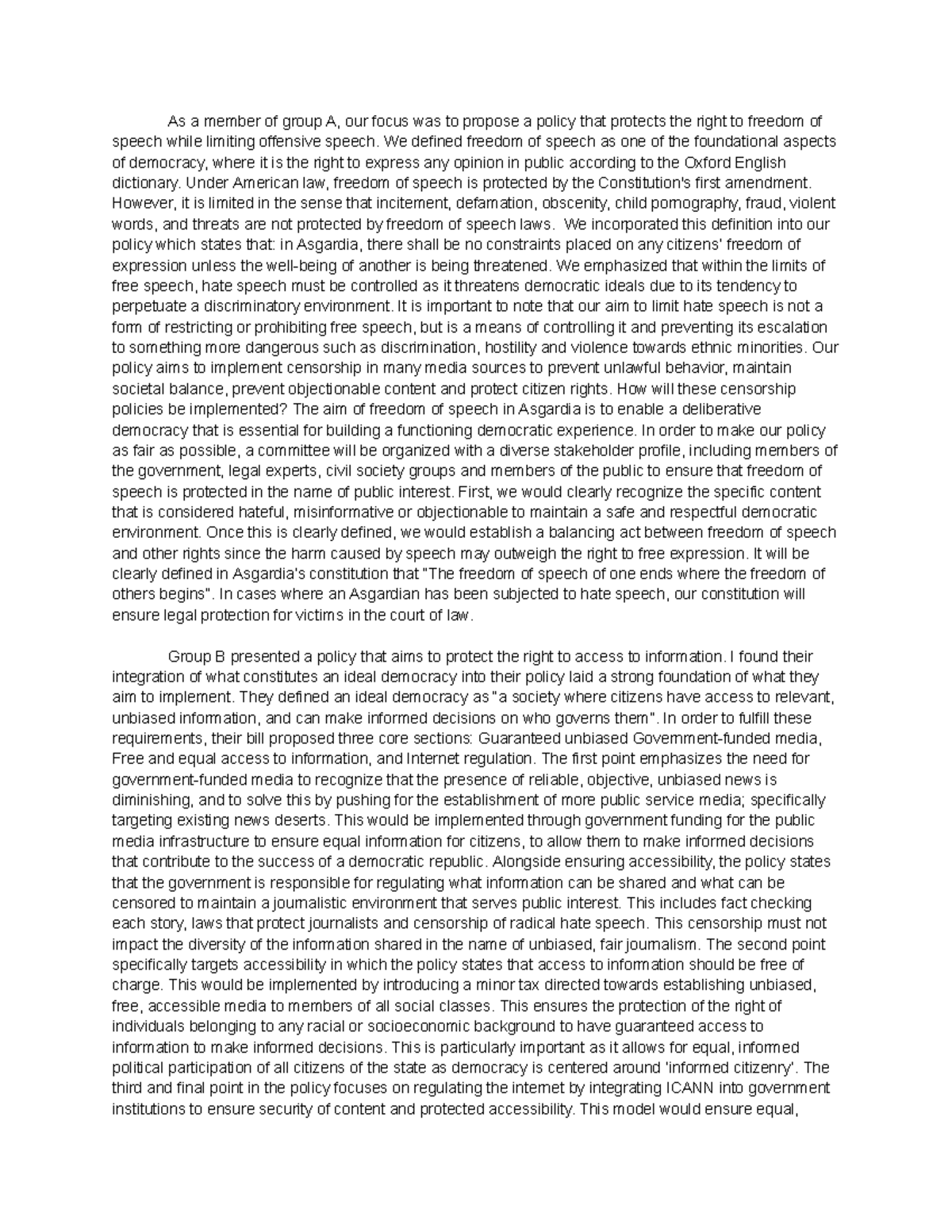 COMS 230 presentation response post example - As a member of group A ...