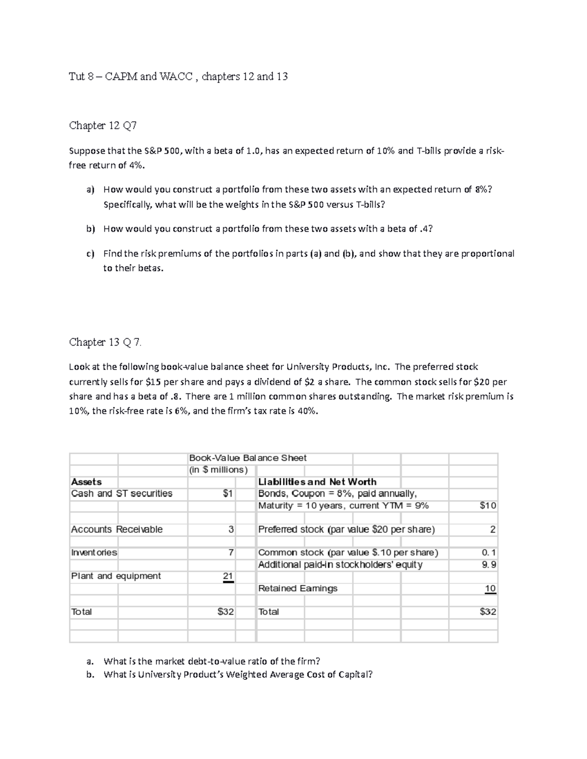 CAPM and WACC Tutorial Questions - Tut 8 – CAPM and WACC , chapters 12 ...