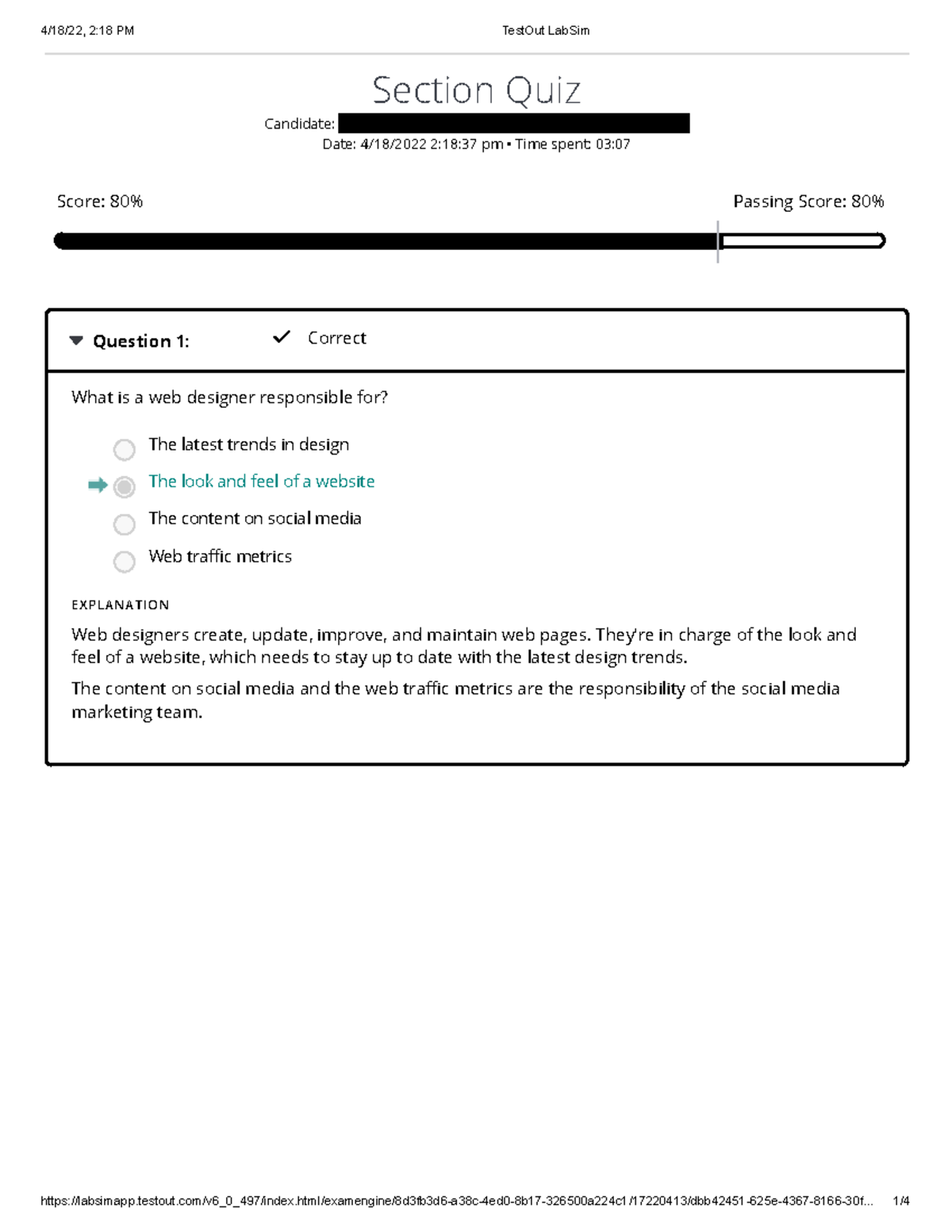 Week 2 5.9.4 Quiz Results Section Quiz Candidate Date 4/18/2022 2