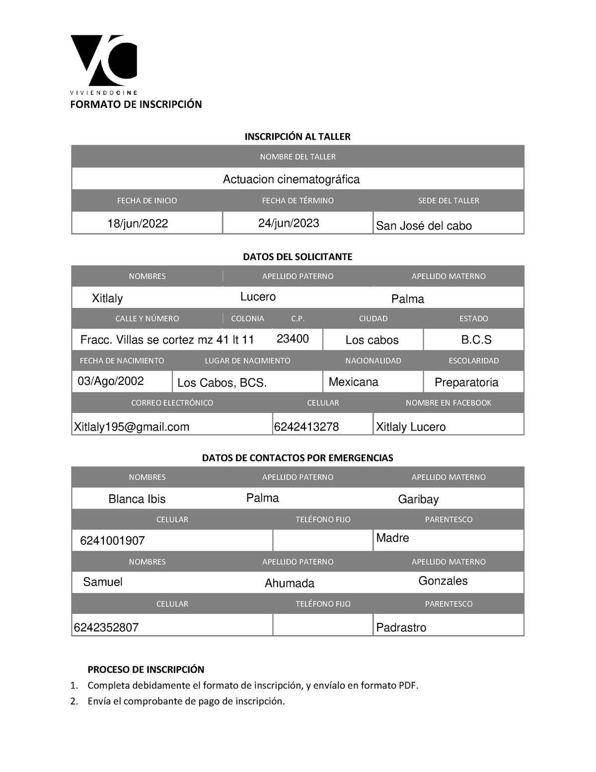 Formato De Inscripción Viviendo Cine - FORMATO DE INSCRIPCI”N INSCRIPCI ...