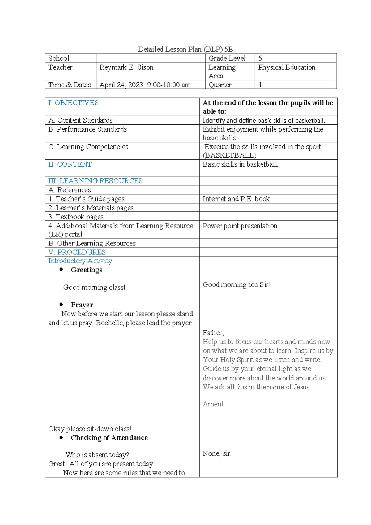 Detailed Lesson Plan 5E basketball - Detailed Lesson Plan (DLP) 5E ...