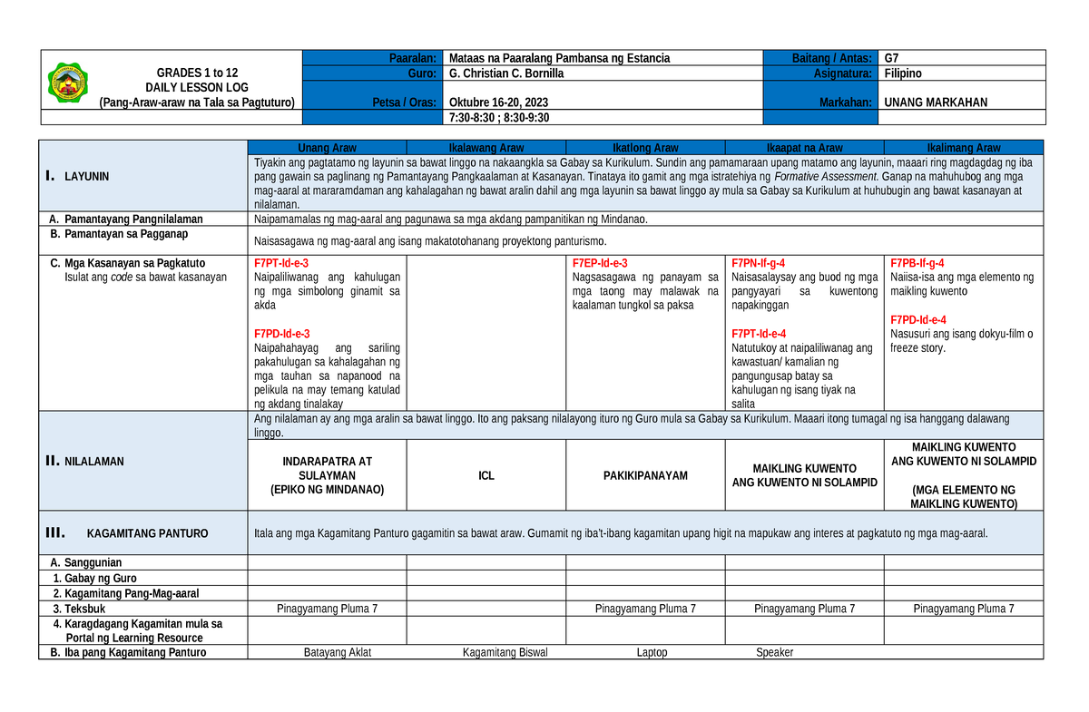 Filipino 7 Dll Week 8 Grades 1 To 12 Daily Lesson Log Pang Araw Araw Na Tala Sa Pagtuturo 