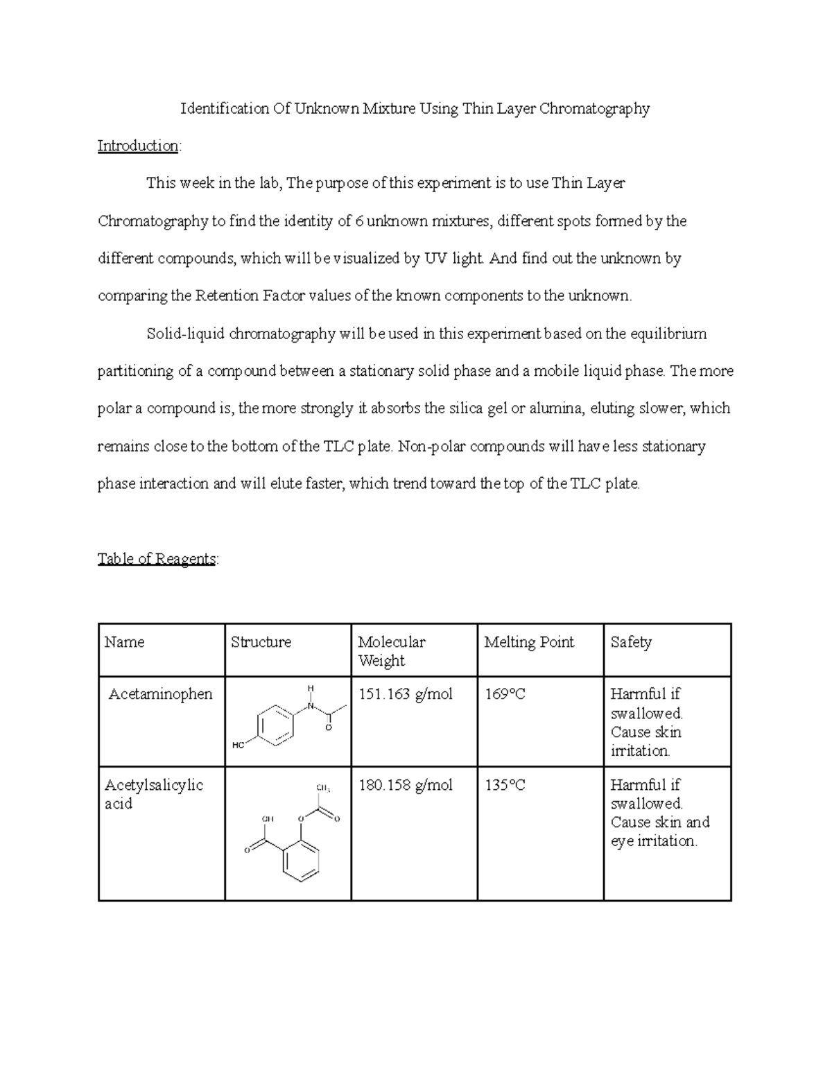 Lab 4 Full Report - Thin Layer Chromatography (TLC) - Identification Of ...