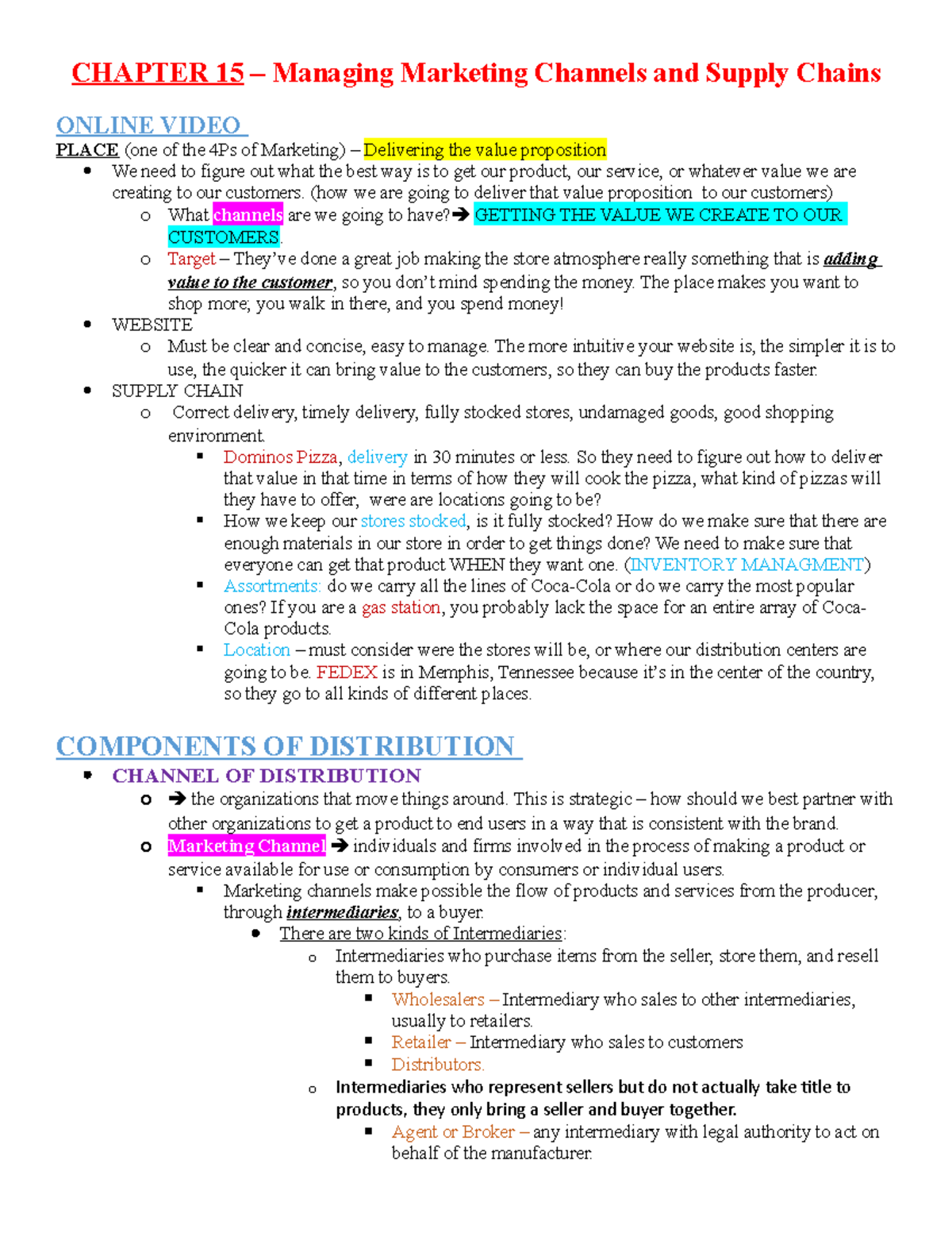 Chapter 15 Notes Managing Marketing Channels and Supply Chains