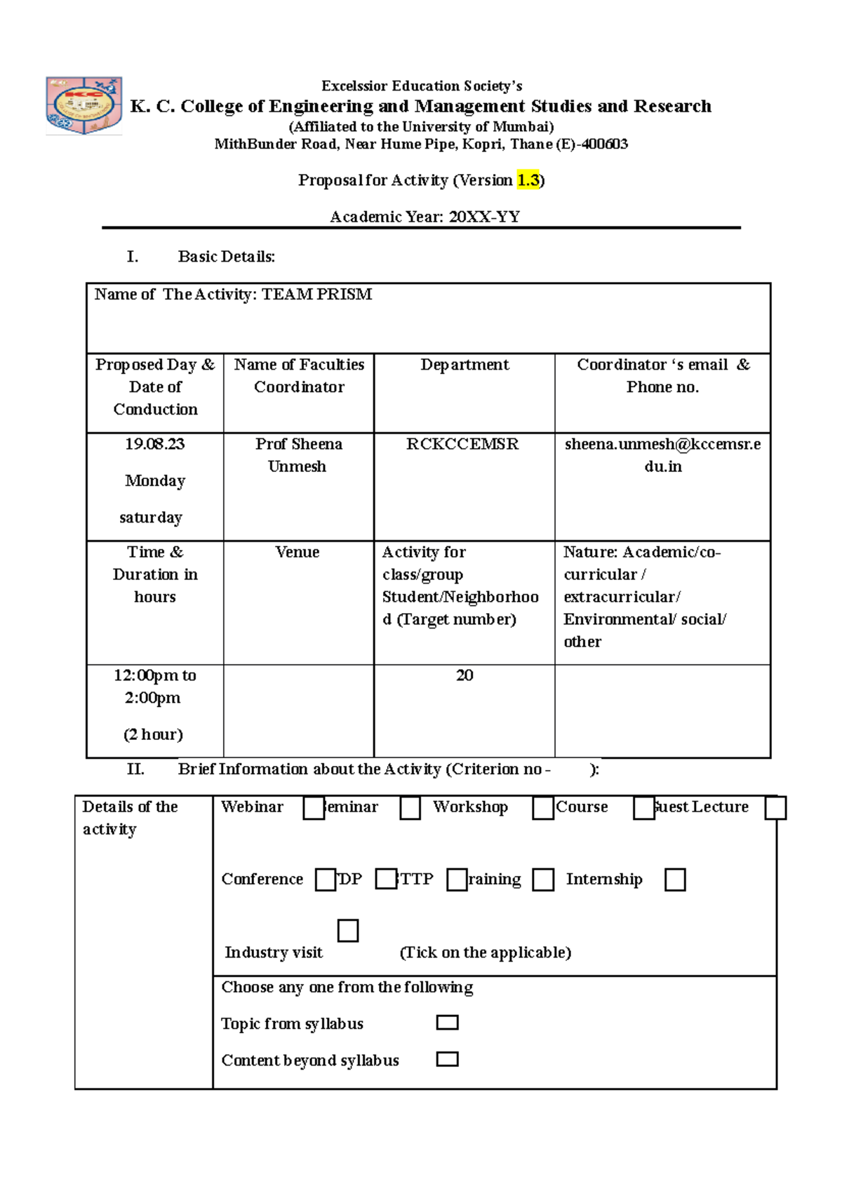 Proposal for activity (Version 1.3) - Excelssior Education Society’s K ...