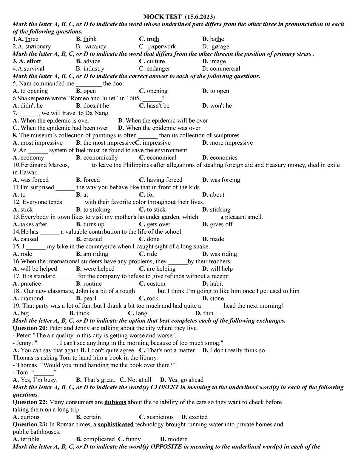 Marketing Căn Bản - MOCK TEST (15.6) Mark The Letter A, B, C, Or D To ...