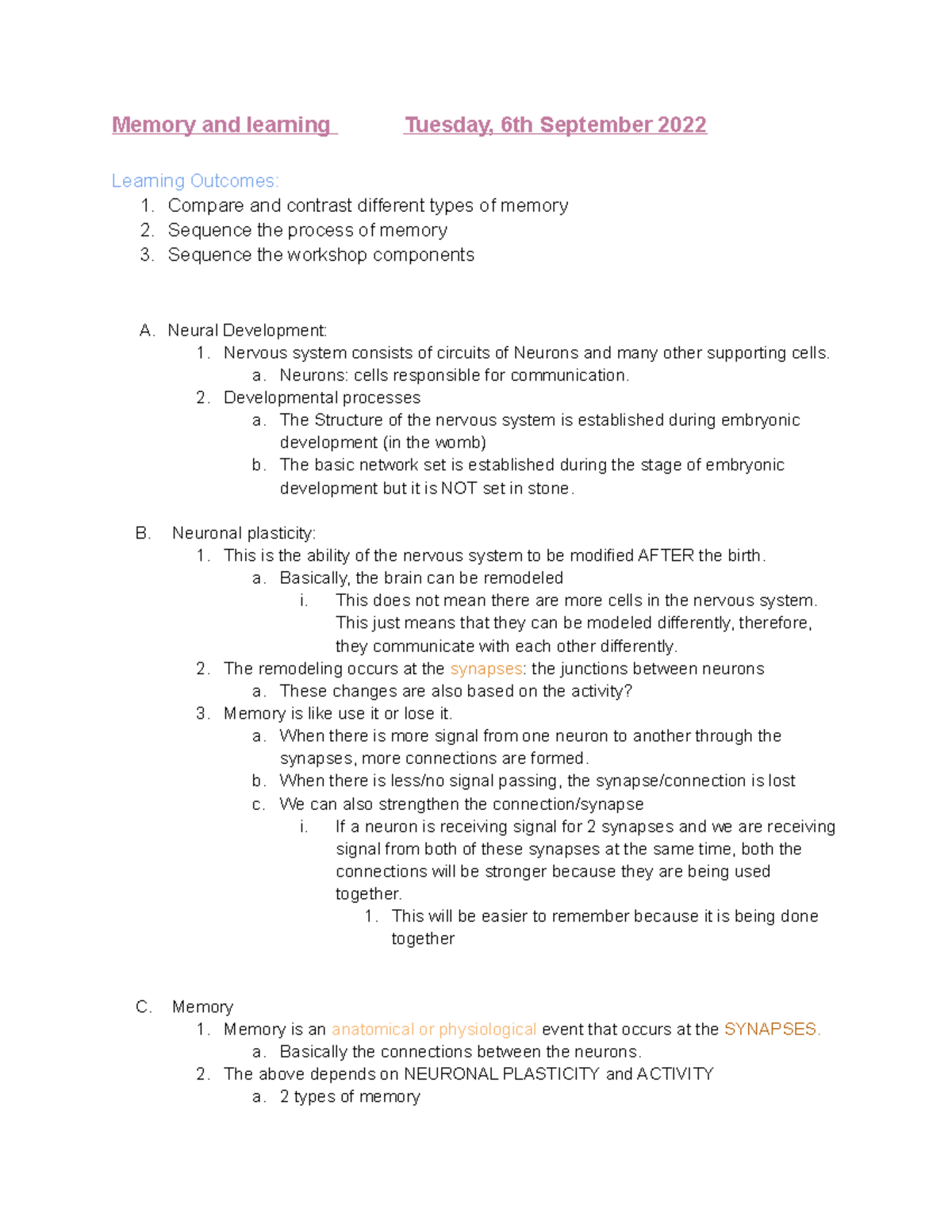 General biology 115- Lecture 1 Memory and Learning - Memory and ...