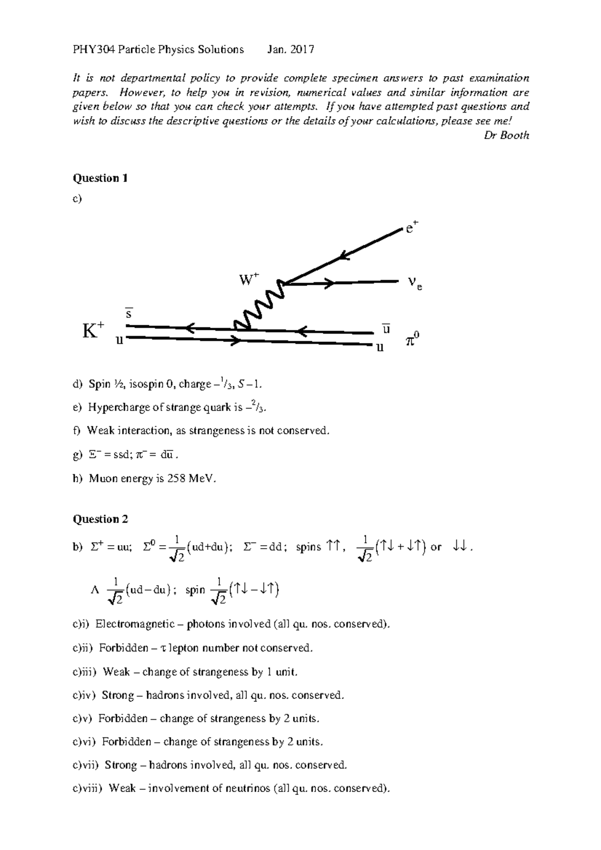 PHY 304 Jan17 Answer Summary - PHY304 Particle Physics Solutions Jan ...