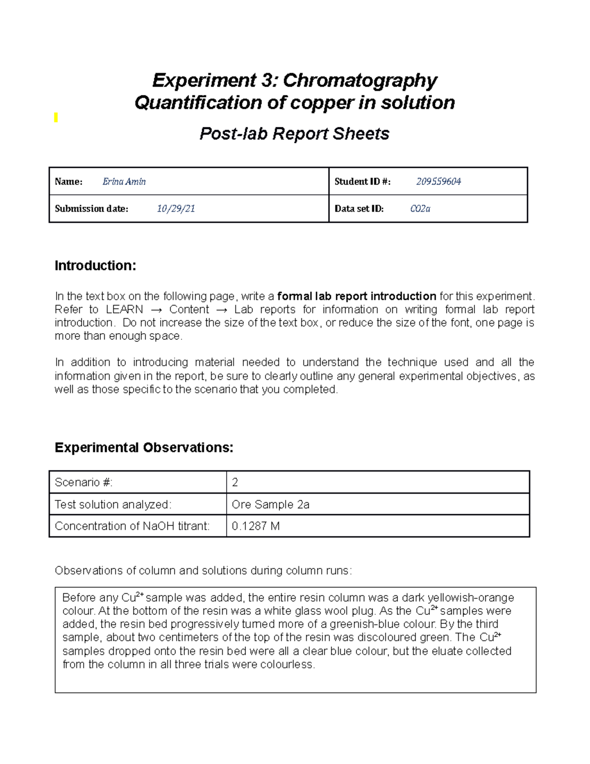 Chromatography report template Bio 130 UWaterloo Studocu