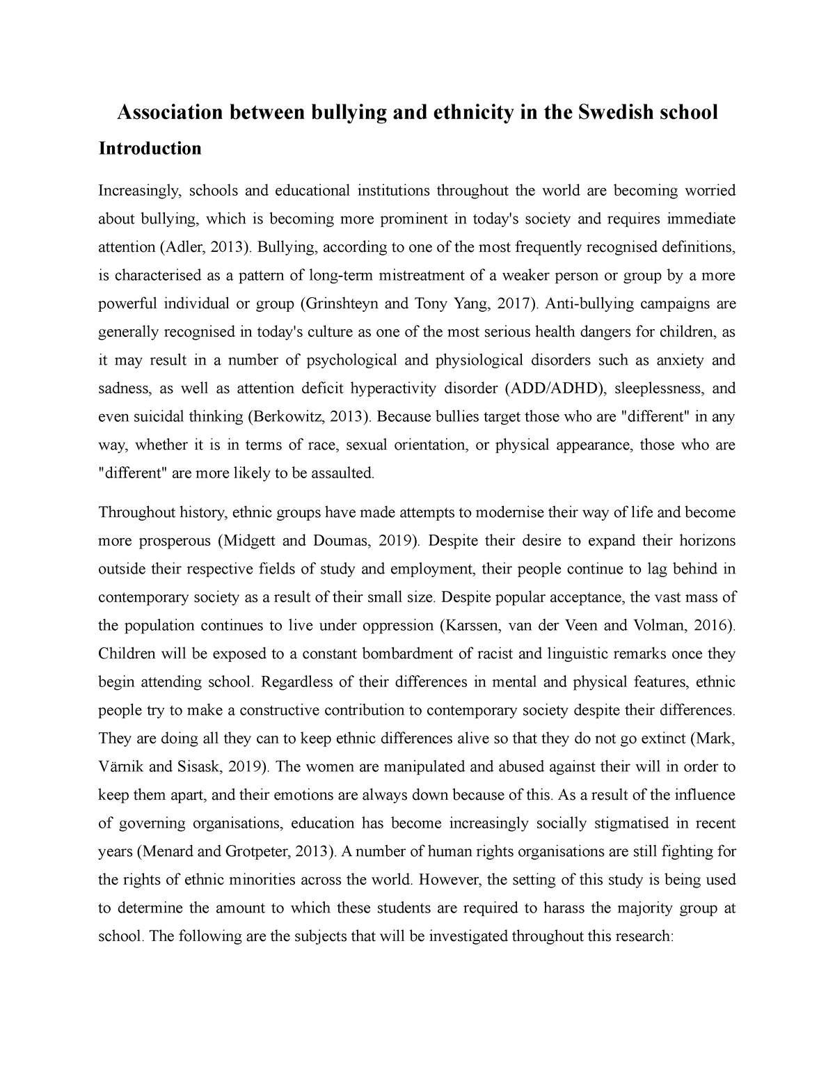 introduction sample for research paper about bullying