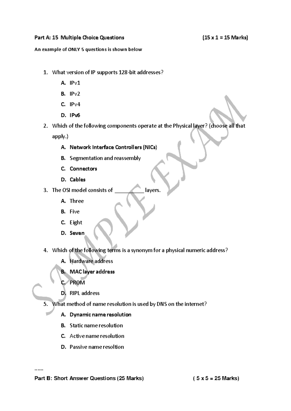 2018 60 ITC542 Sample Exam SOLS - Part A: 15 Multiple Choice Questions ...