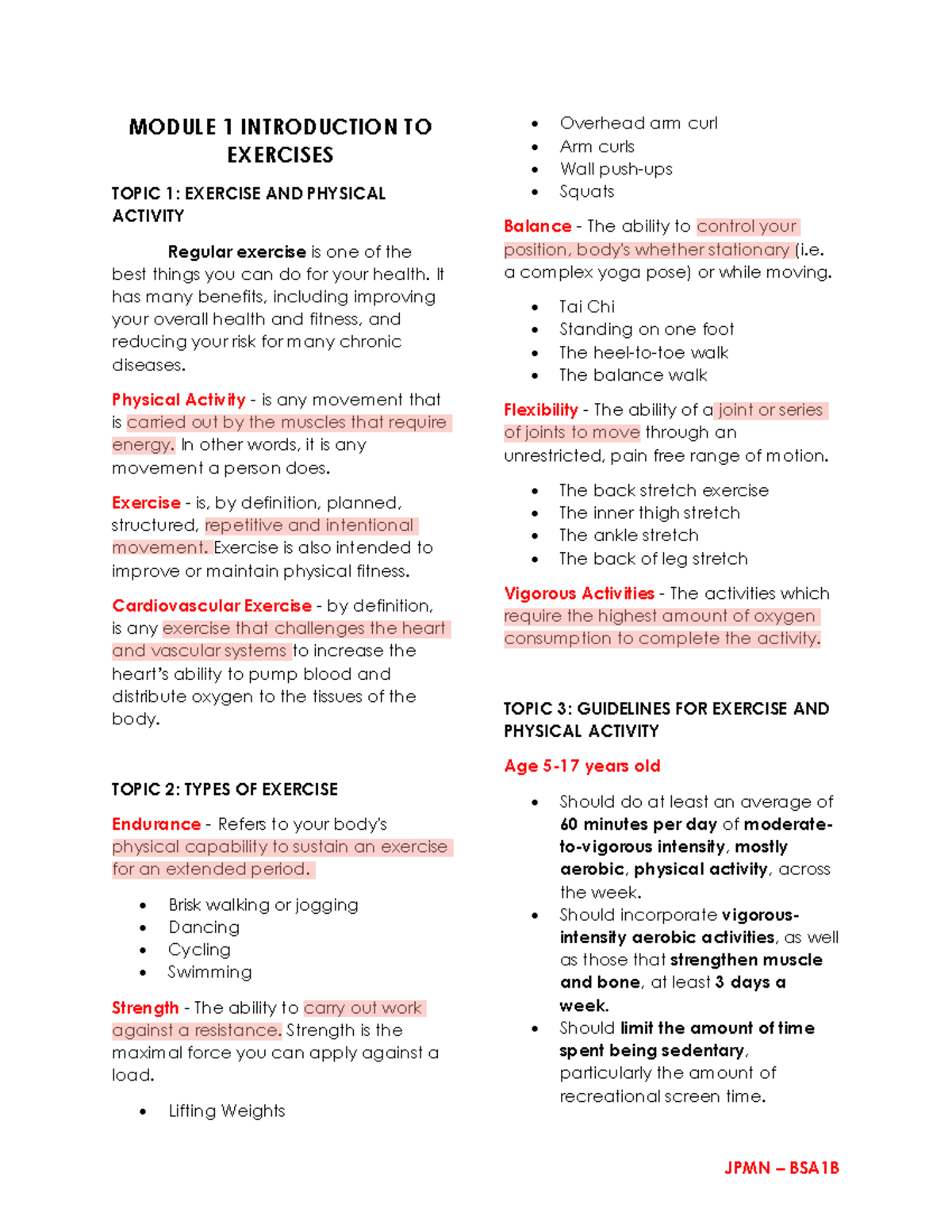 Pathfit Reviewer Module 1 Introduction To Exercises Topic 1 Exercise