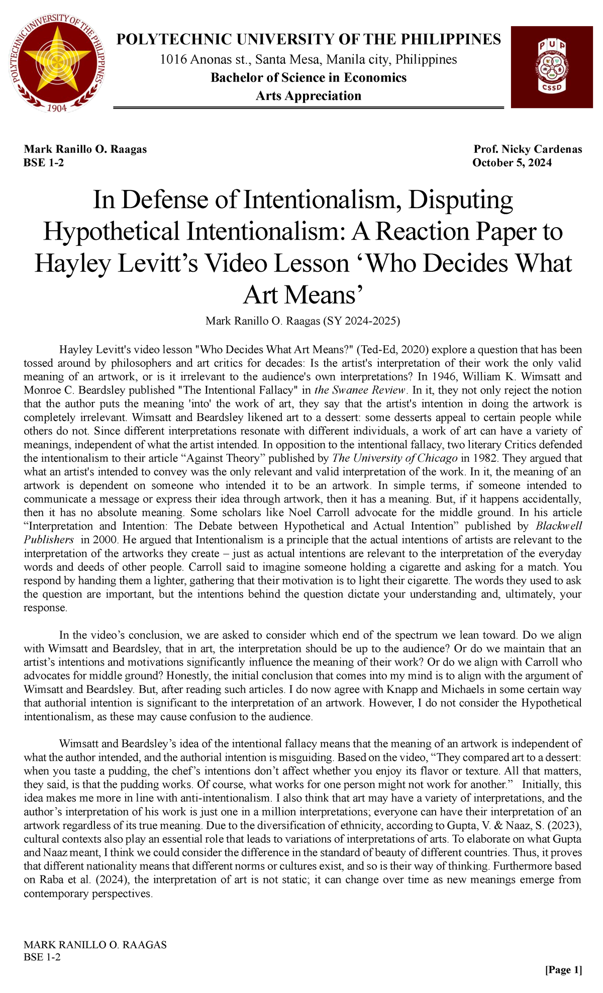 Who Decides What Art Means - Hayley Levitt In Defense of Intentionalism, Disputing Hypothetical Intentionalism: A