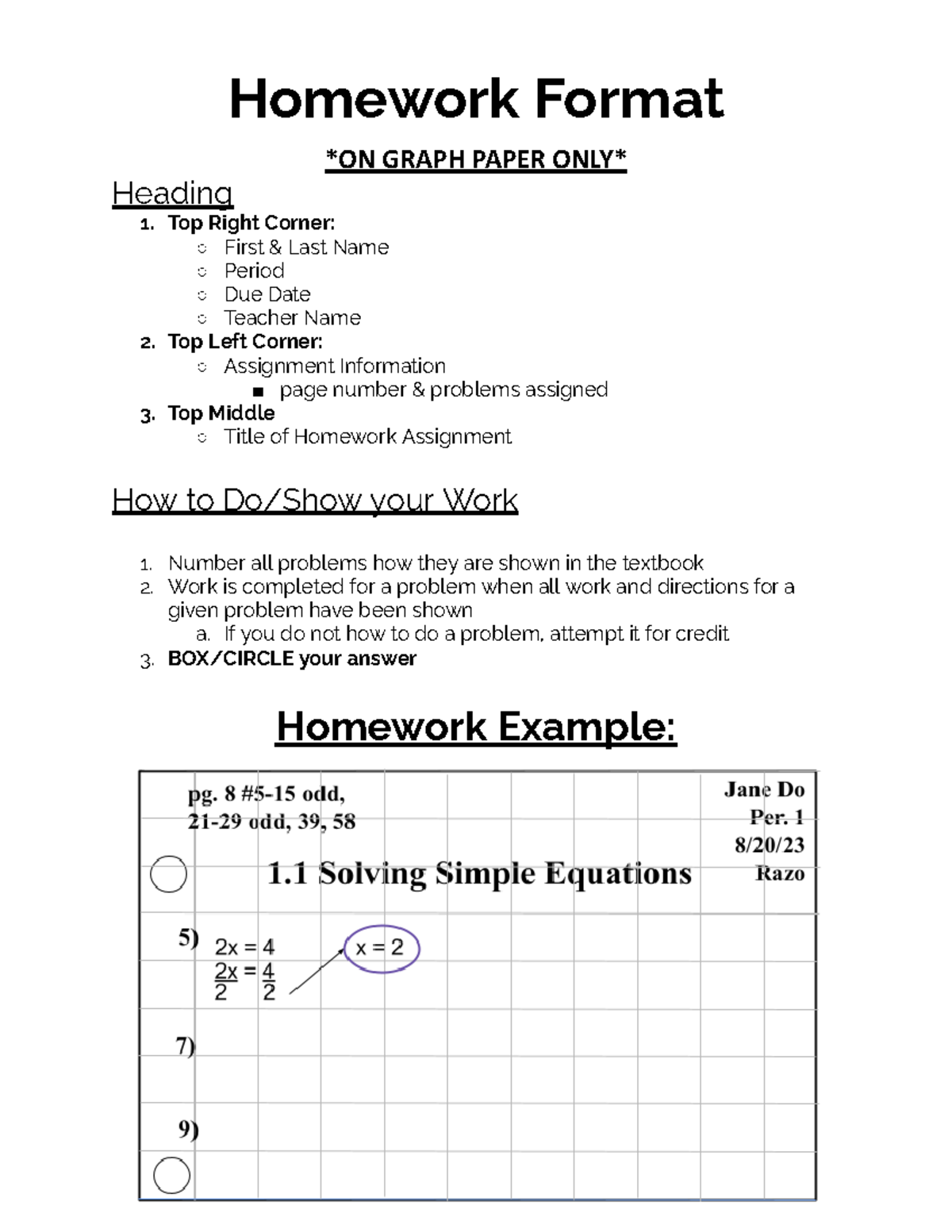 Homework Format Header - Homework Format ON GRAPH PAPER ONLY Heading 1 ...