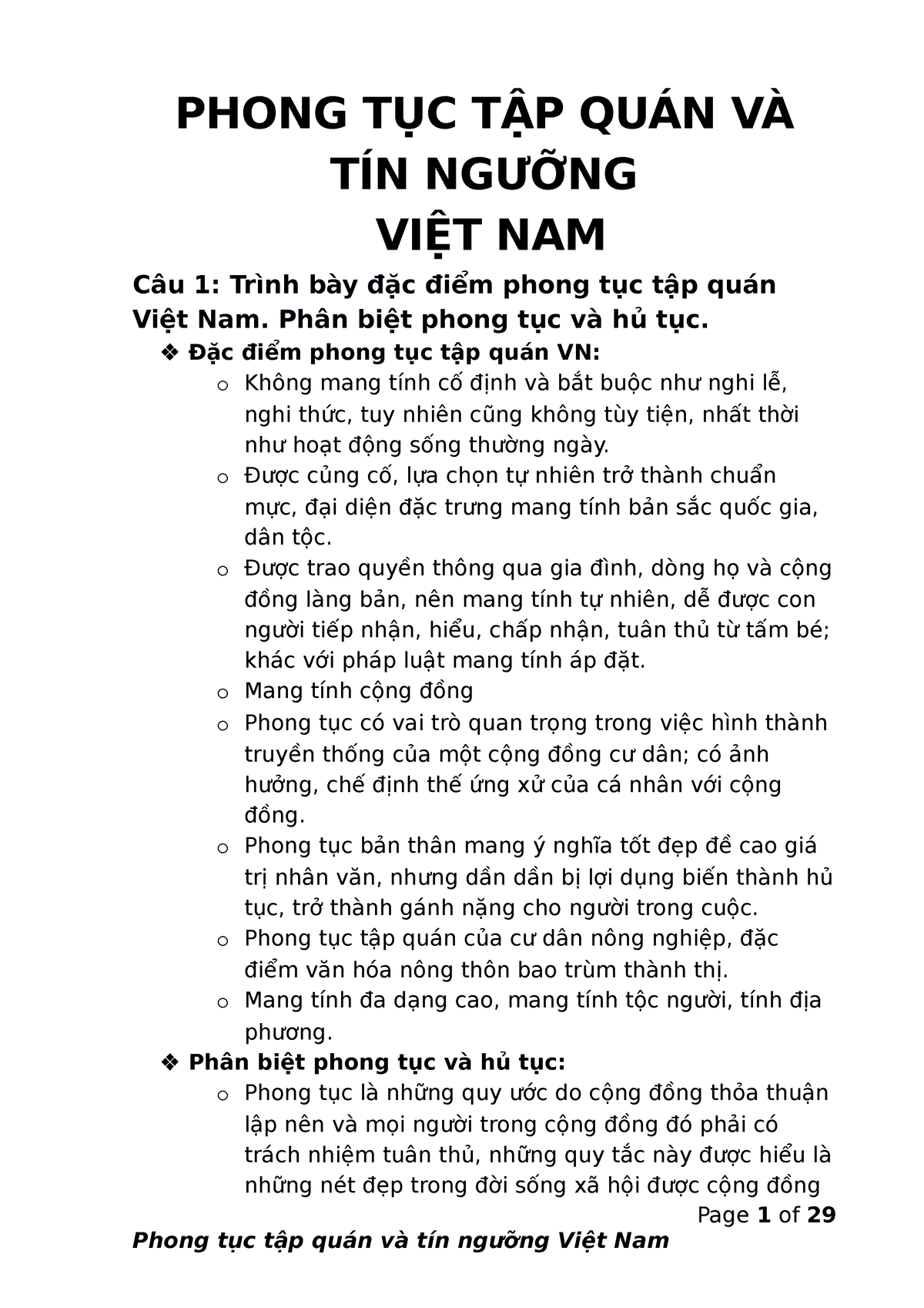 Phong TỤC TẬP QUÁN VÀ TÍN NGƯỠNG - PHONG TỤC TẬP QUÁN VÀ TÍN NGƯỠNG VIỆT NAM Câu 1: Trình bày đặc - Studocu