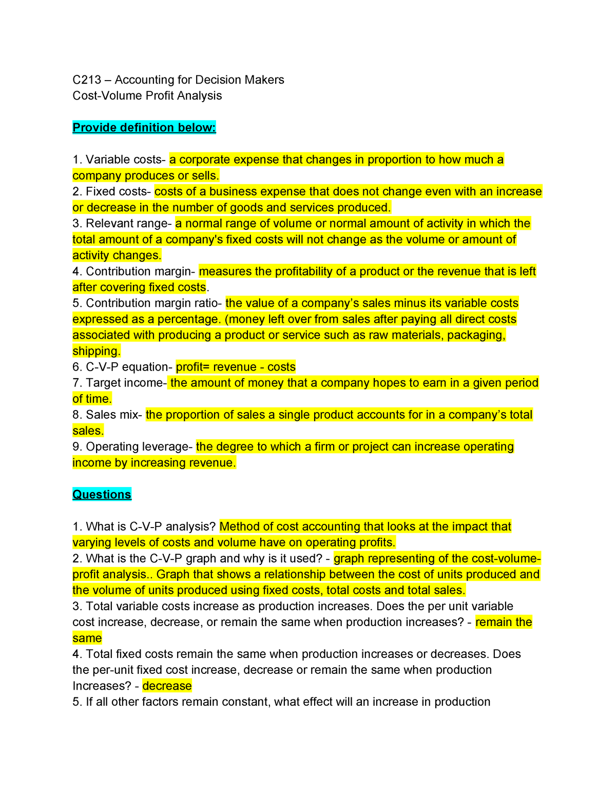 C213 – Study Plan (In One) - C213 – Accounting For Decision Makers Cost ...