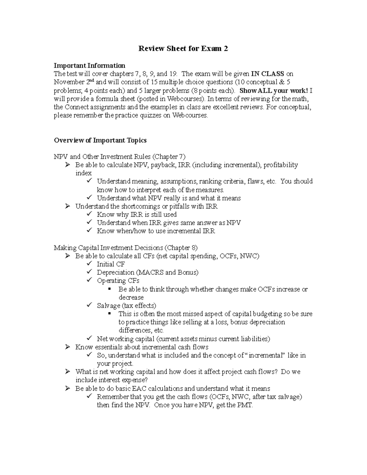 Review Sheet for Exam 2 - The exam will be given IN CLASS on November ...