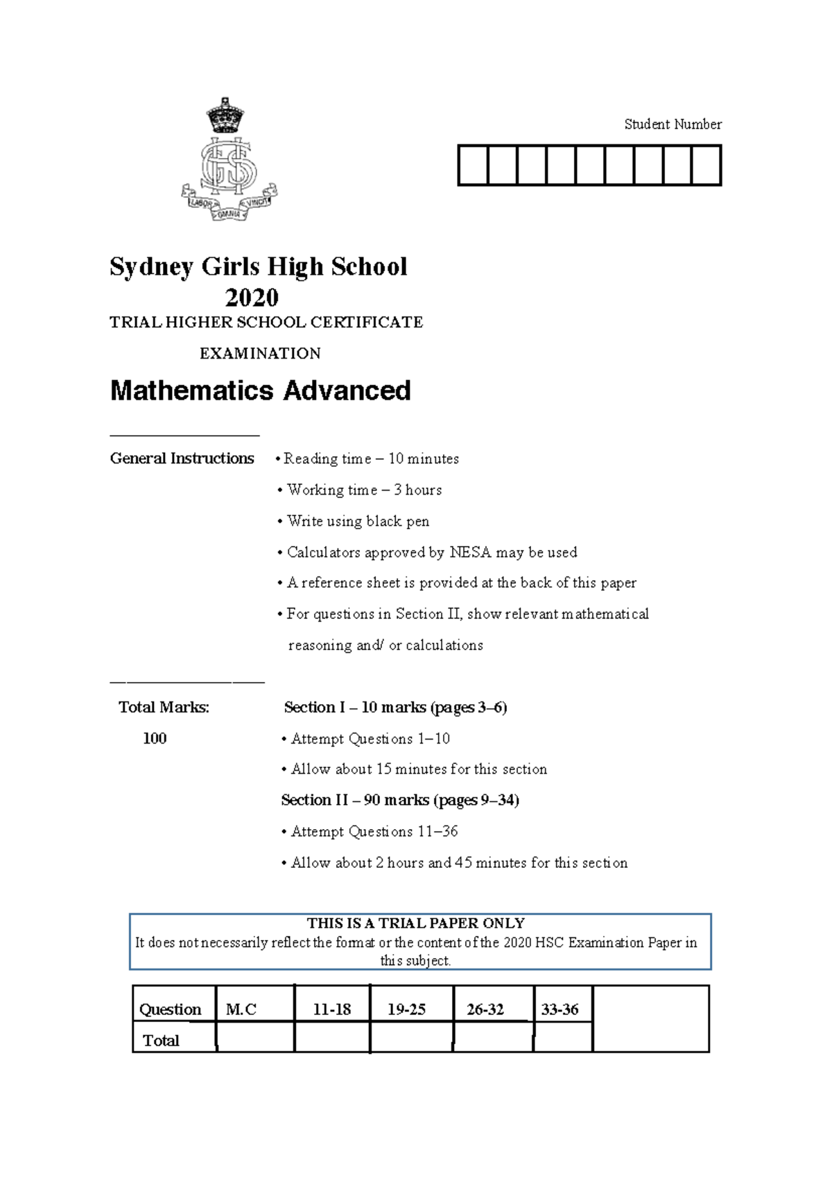 2020 sydney girls trial mathematics advanced - Student Number Sydney ...