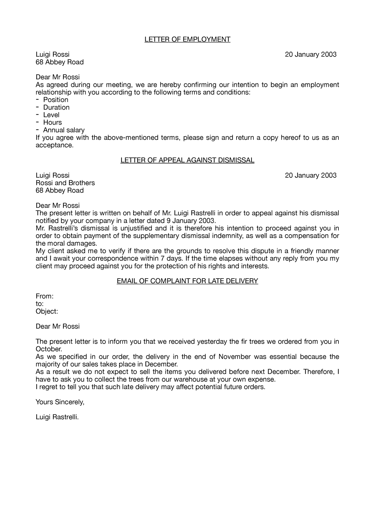 Esempi inglese - LETTER OF EMPLOYMENT Luigi Rossi 20 January 2003 68 ...