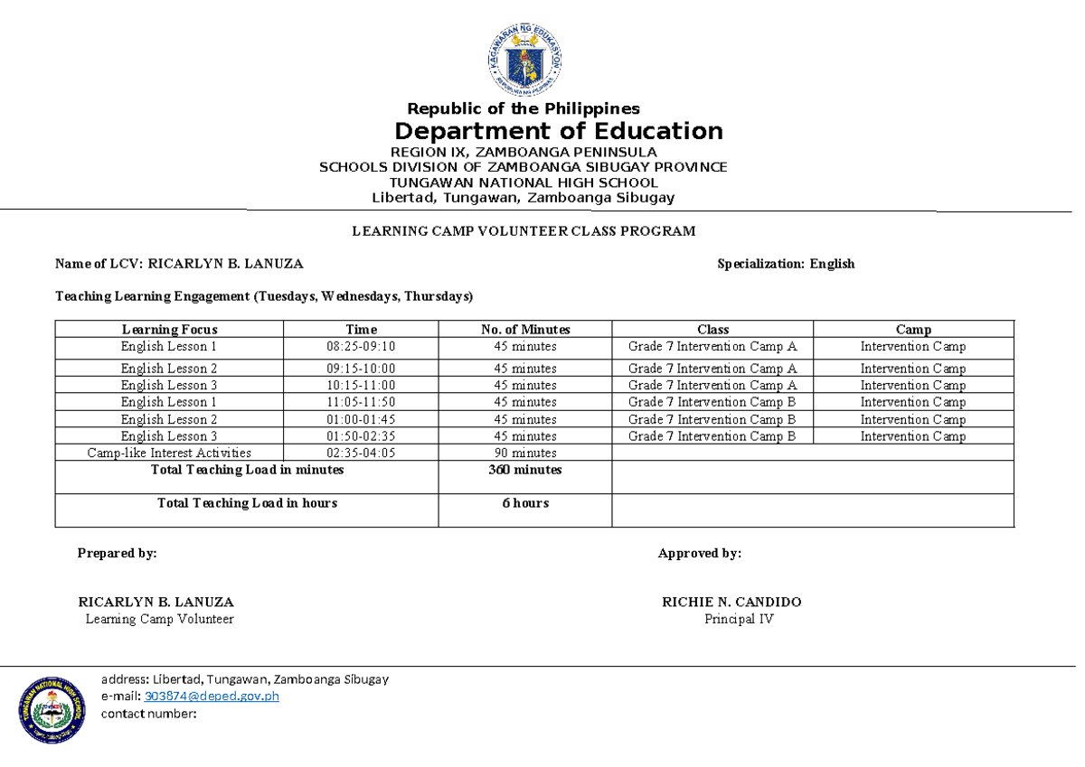 English LCVs Individual Class Program - Department of Education REGION ...