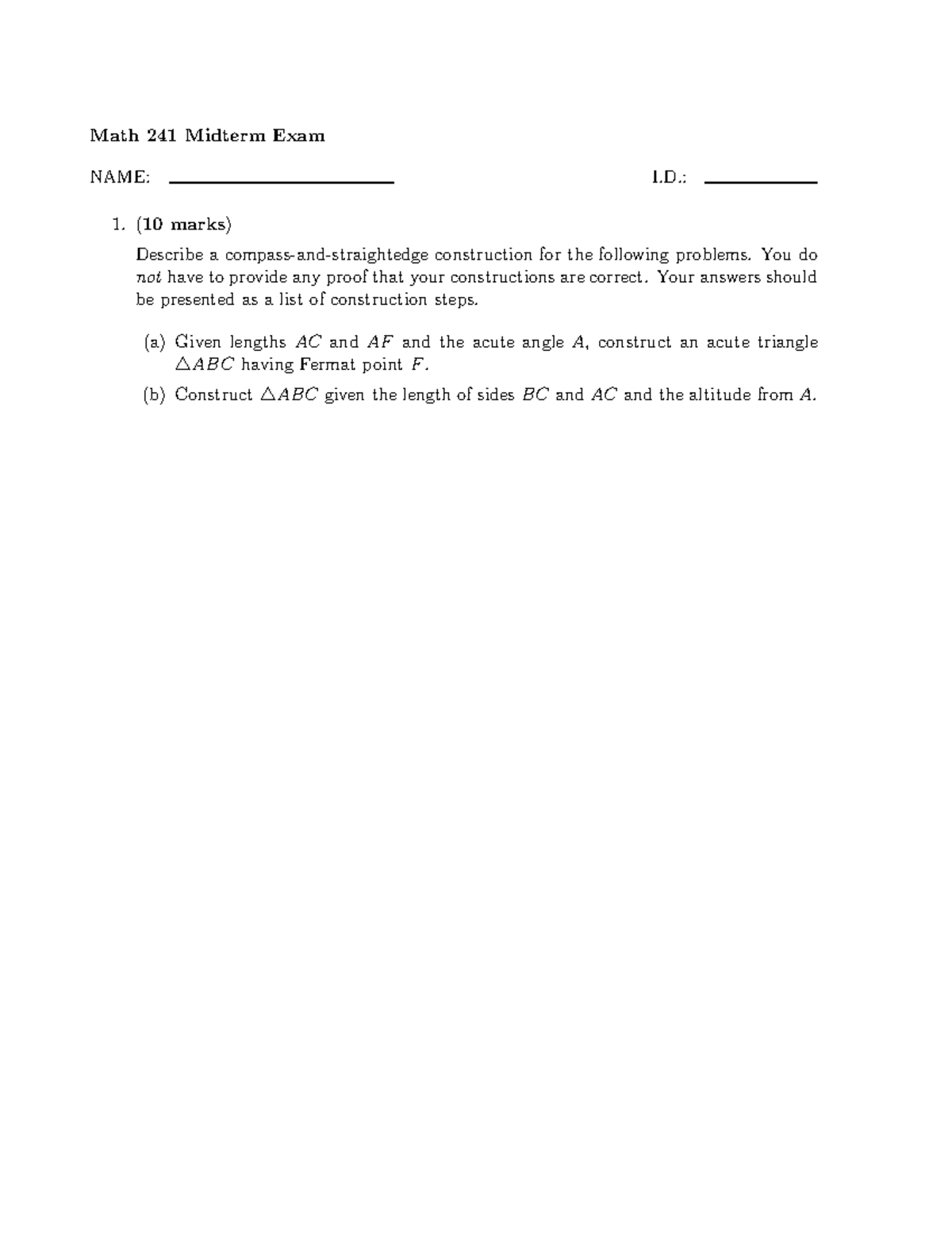 Exam 2016, questions - Math 241 midterm exam - Math 241 Midterm Exam ...