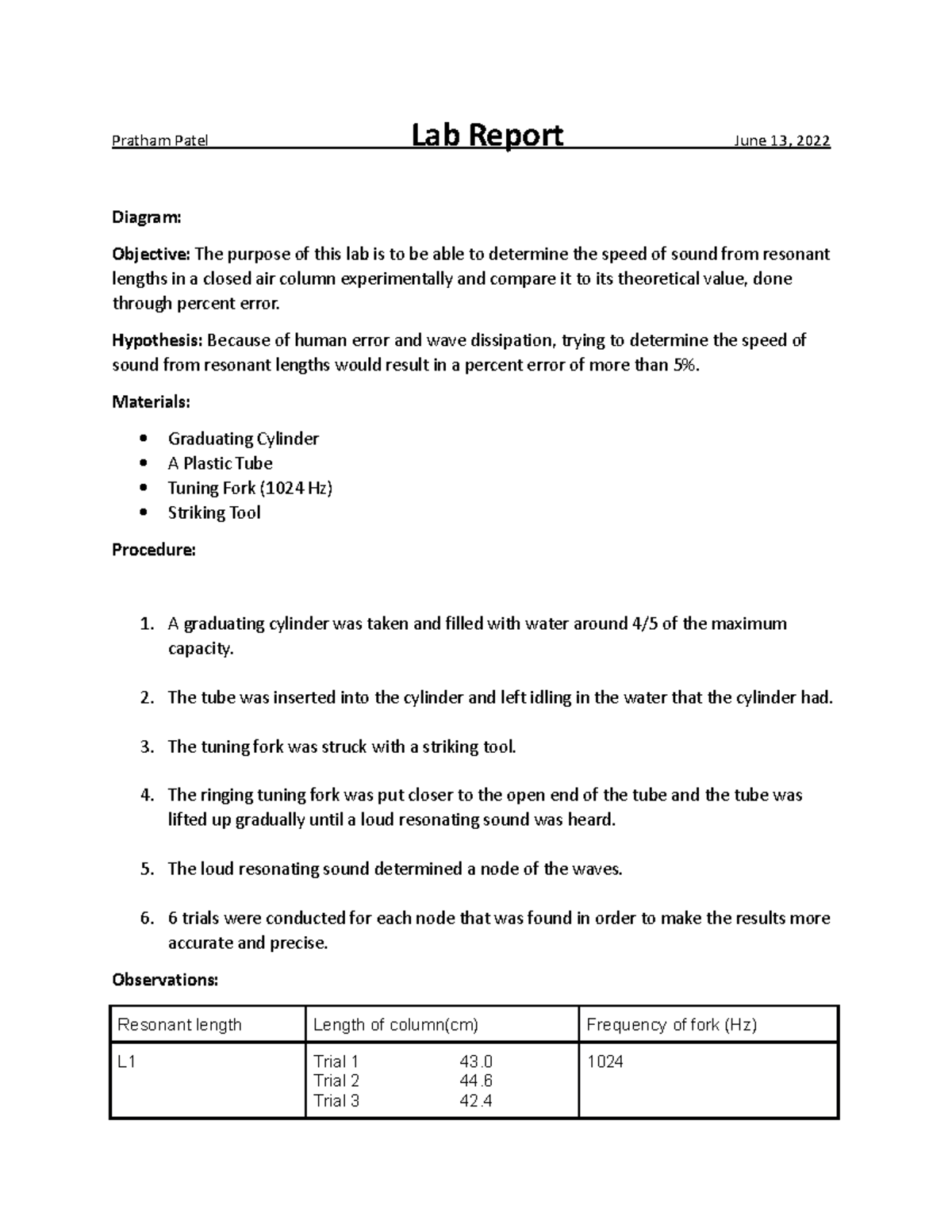 Speed of Sound Lab - Pratham Patel Lab Report June 13, 2022 Diagram ...