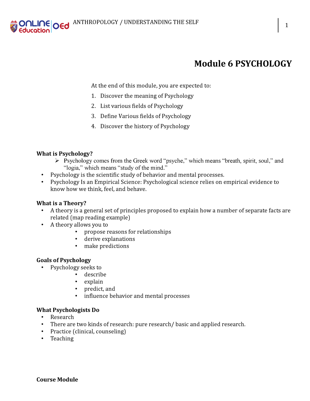 Lesson 4 Psychology Page 2 - ANTHROPOLOGY / UNDERSTANDING THE SELF 1 ...