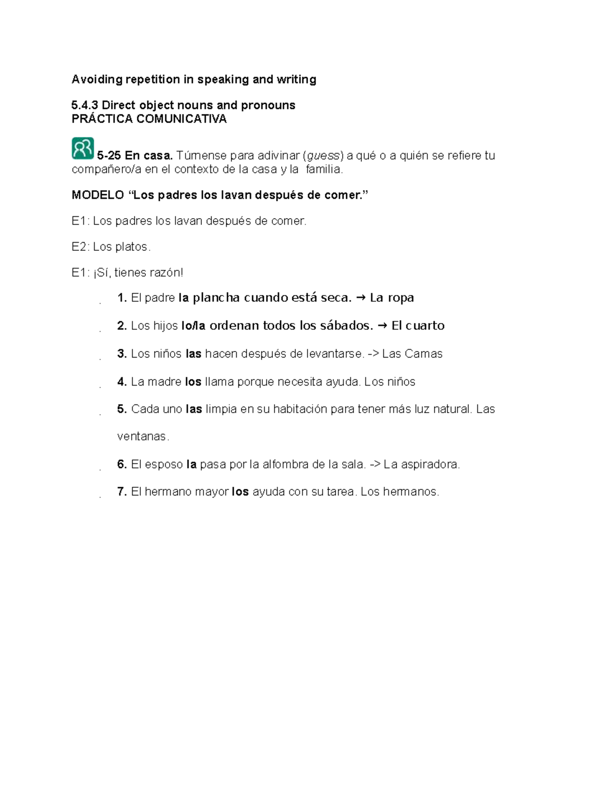 Direct Object Nouns notes Avoiding repetition in speaking and