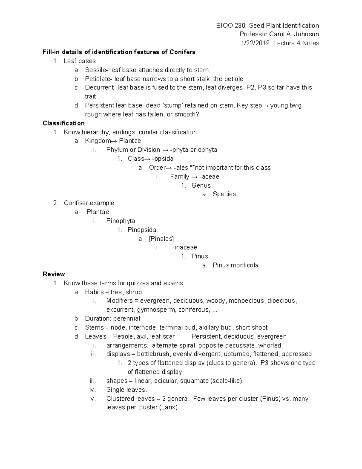 BIOO 230 1 22 2019 lecture 4 notes - BIOO 230: Seed Plant ...