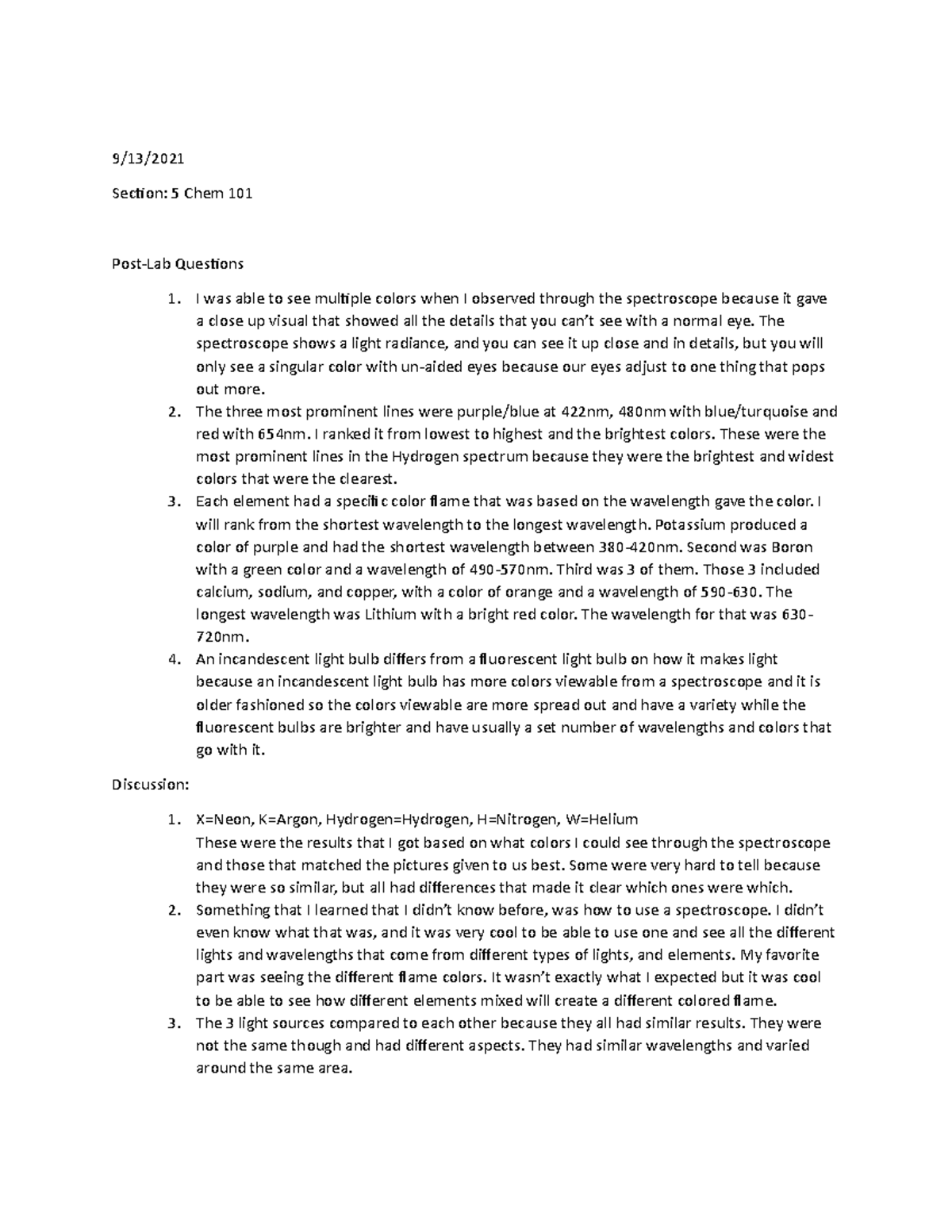 Atomic Spectra Lab Postlab with questions and calculations 9/13