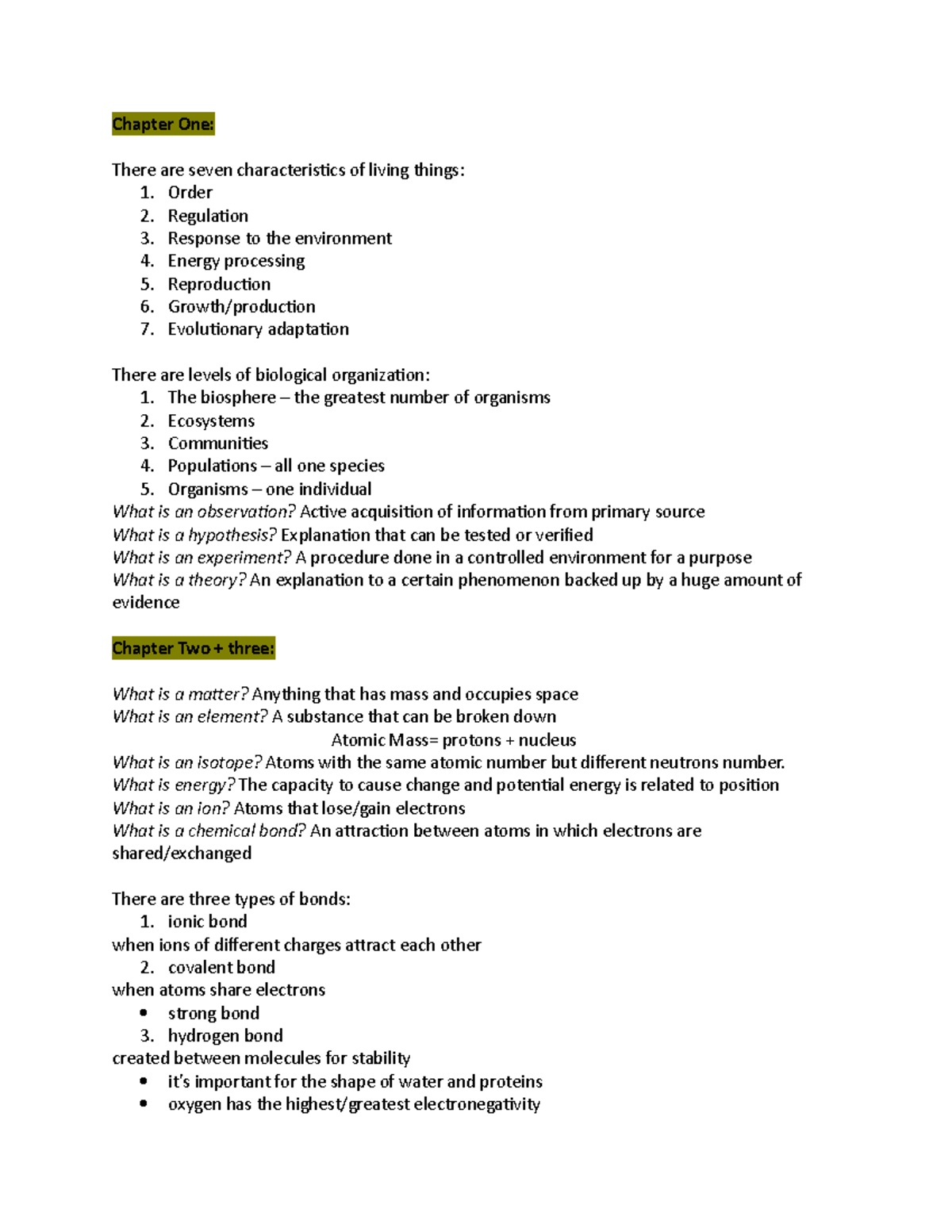 Notes Ch 1 - 4 - Chapter One: There Are Seven Characteristics Of Living ...