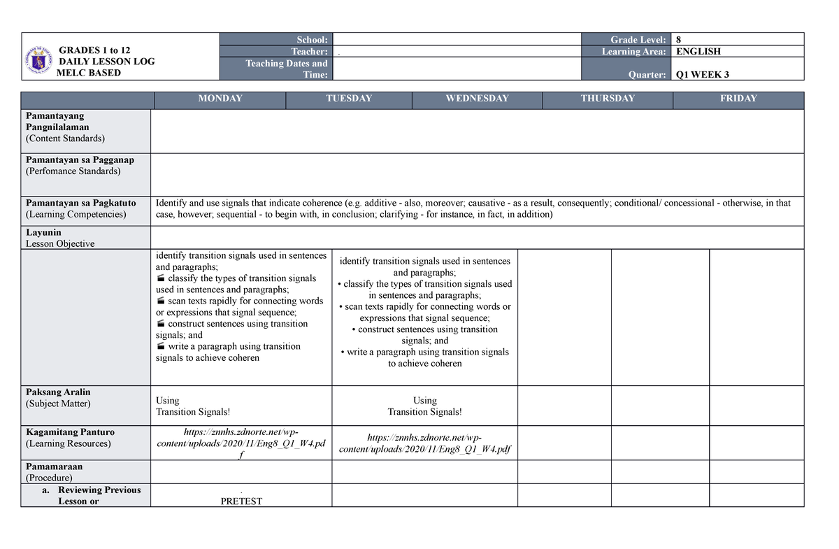 MELC DLL ENG 8 WEEK 3 Q1 DONE - GRADES 1 to 12 DAILY LESSON LOG MELC ...