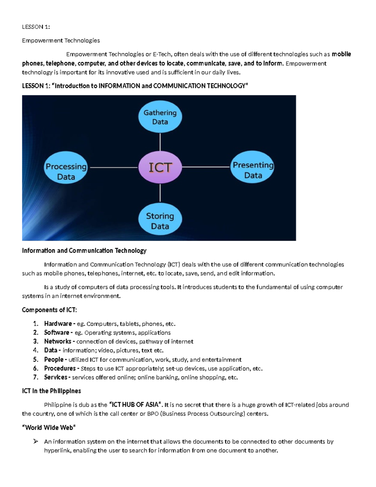 Lesson 1 E-TECH Notes - Tech - LESSON 1: Empowerment Technologies ...