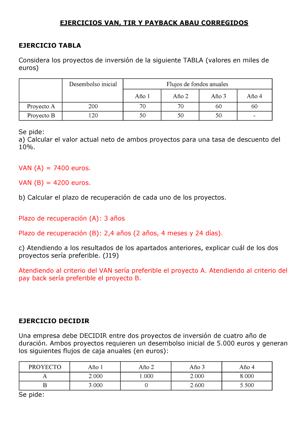 09 Ejercicios Corregidos VAN Y TIR ABAU - EJERCICIOS VAN, TIR Y PAYBACK ...