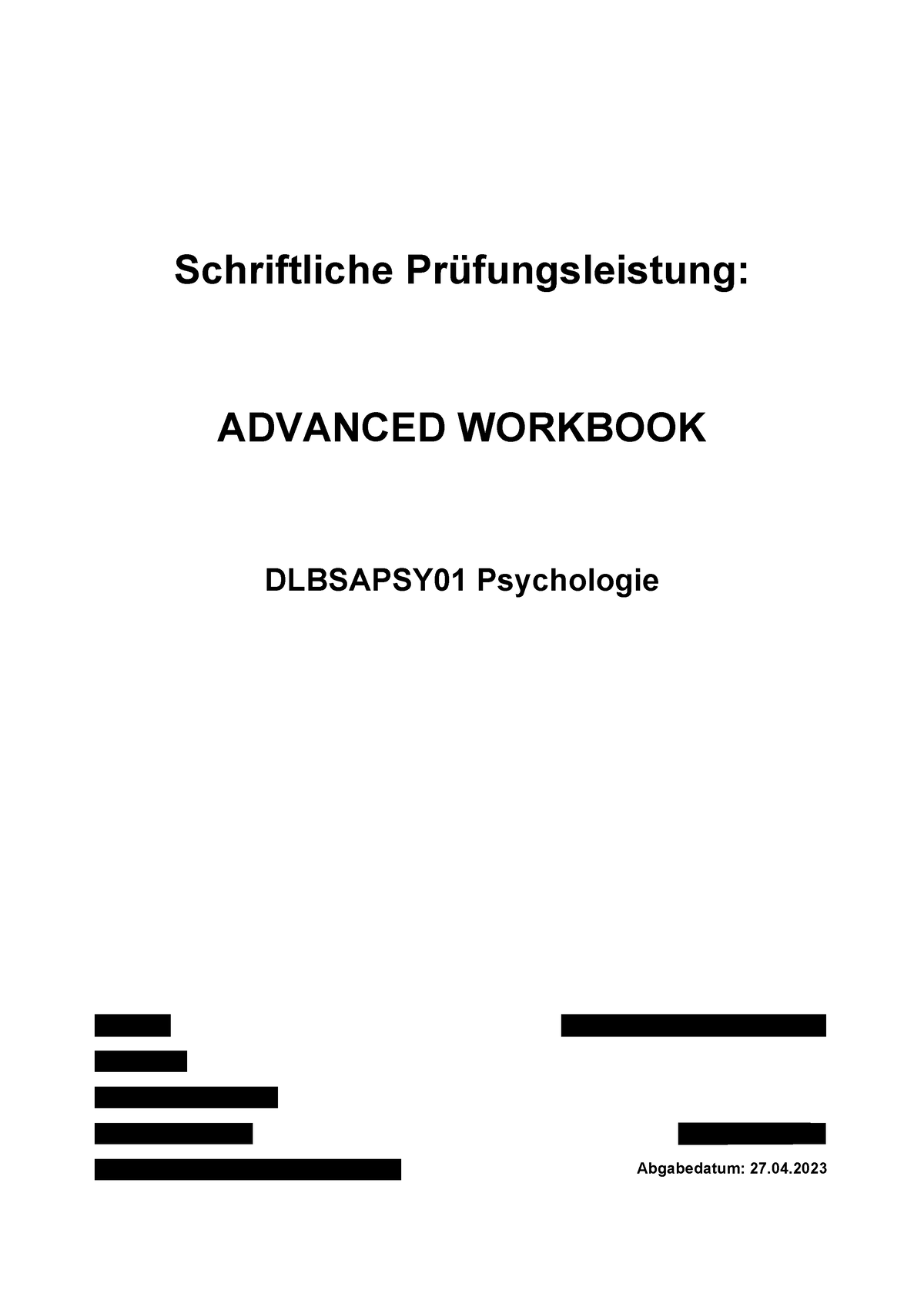 WB Psychologie - Workbook Aufgaben Bis Zum - Psychology - IU - Studocu