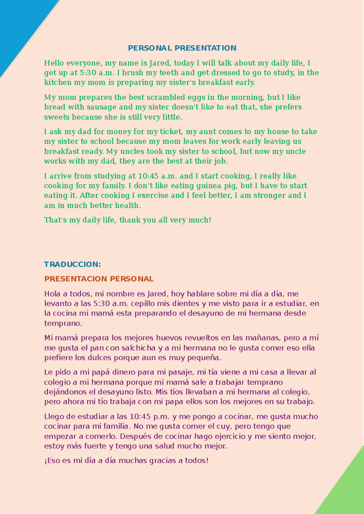 Personal Introduce - PERSONAL PRESENTATION Hello everyone, my name is ...