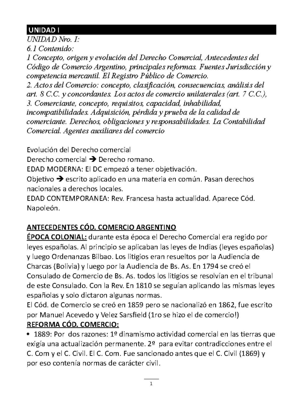 Apuntes Derecho Comercial - UNIDAD I UNIDAD Nro. I: 6 Contenido: 1 ...