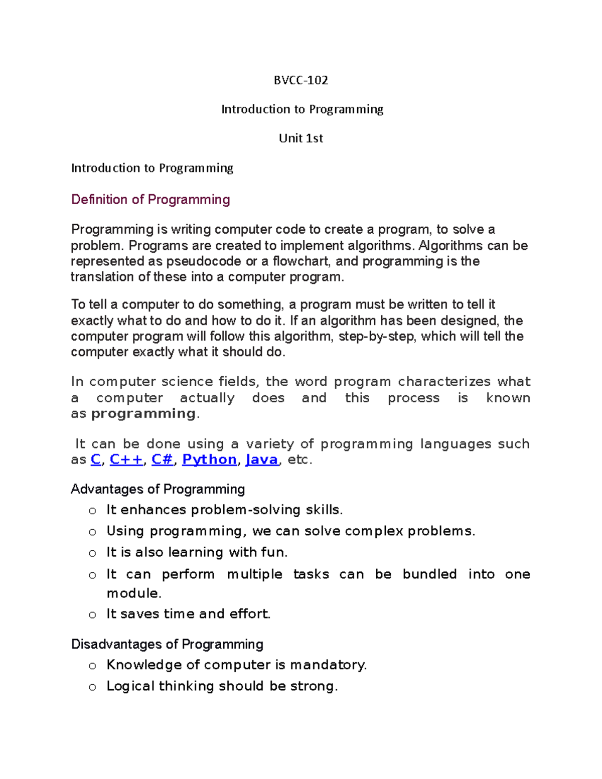 BVCC-101(Introduction to Programming)UNIT-1 - BVCC- Introduction to ...