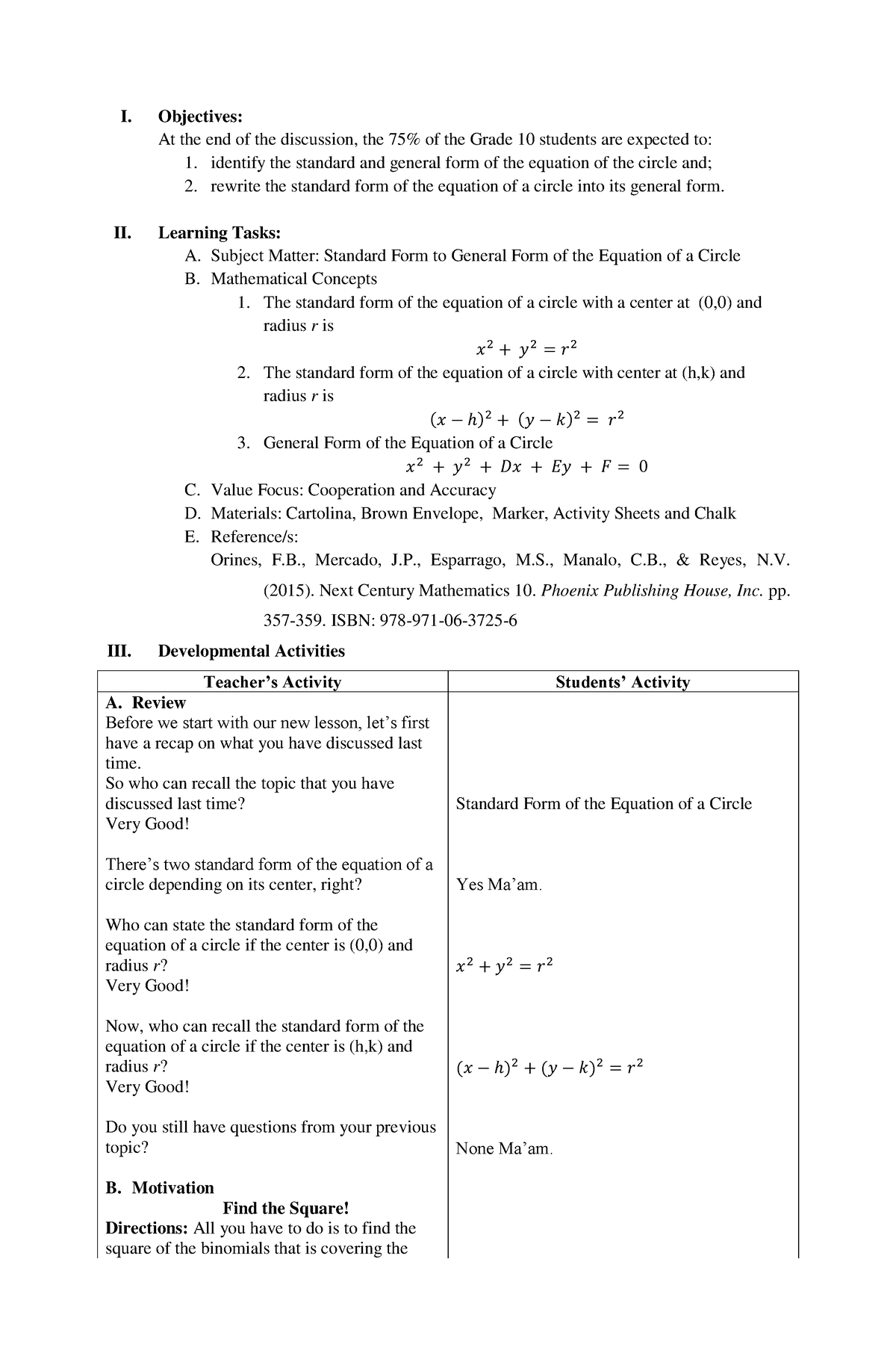 General to standard form - I. Objectives: At the end of the discussion ...