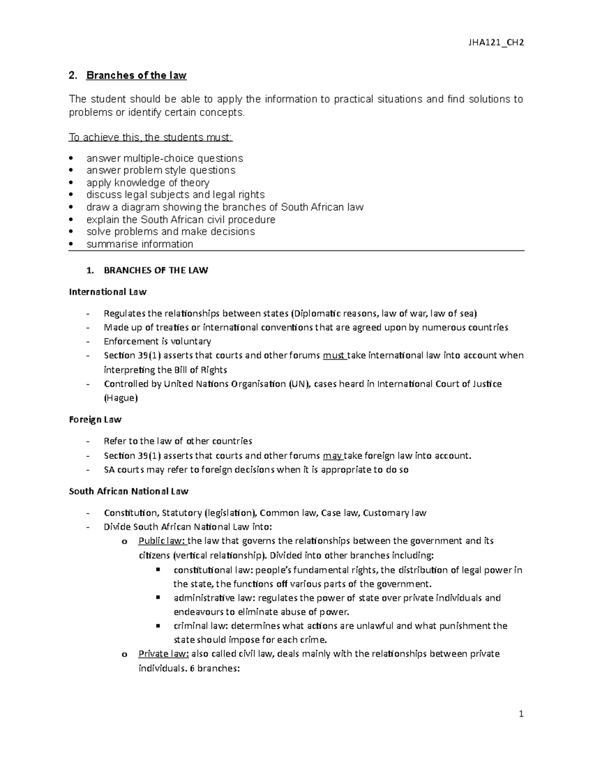 JHA121 CH2 Summary - JHA121_CH2 2. Branches of the law The student ...