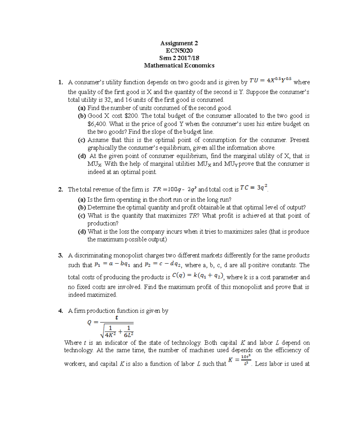 Assignment 2 - Version 2 - Sem 2 2017-18 - Assignment 2 ECN5020 Sem 2 ...