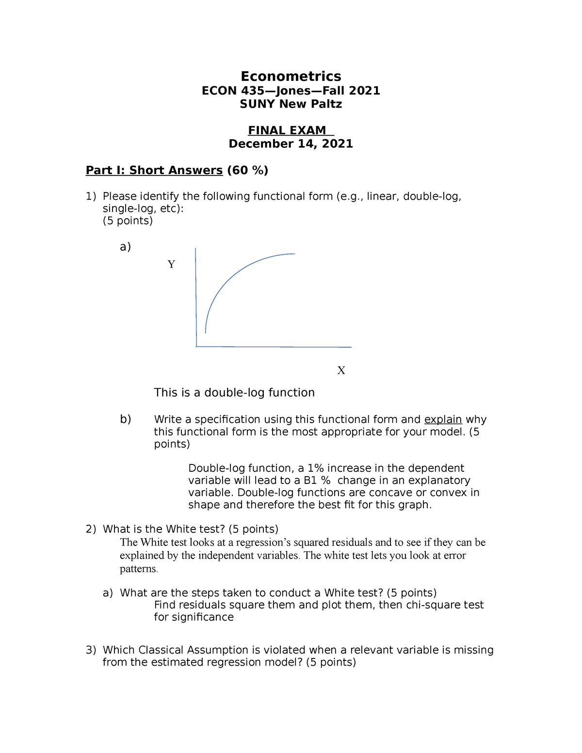 Econometrics Final Exam Econometrics ECON 435—Jones—Fall 2021 SUNY