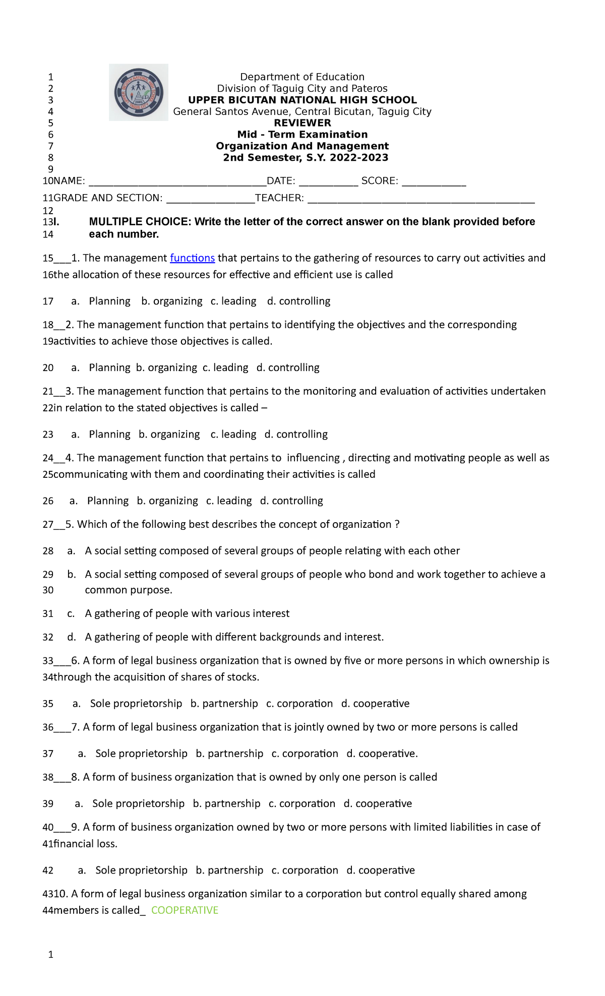 Reviewer Mid Term Exam Organizational management Department of