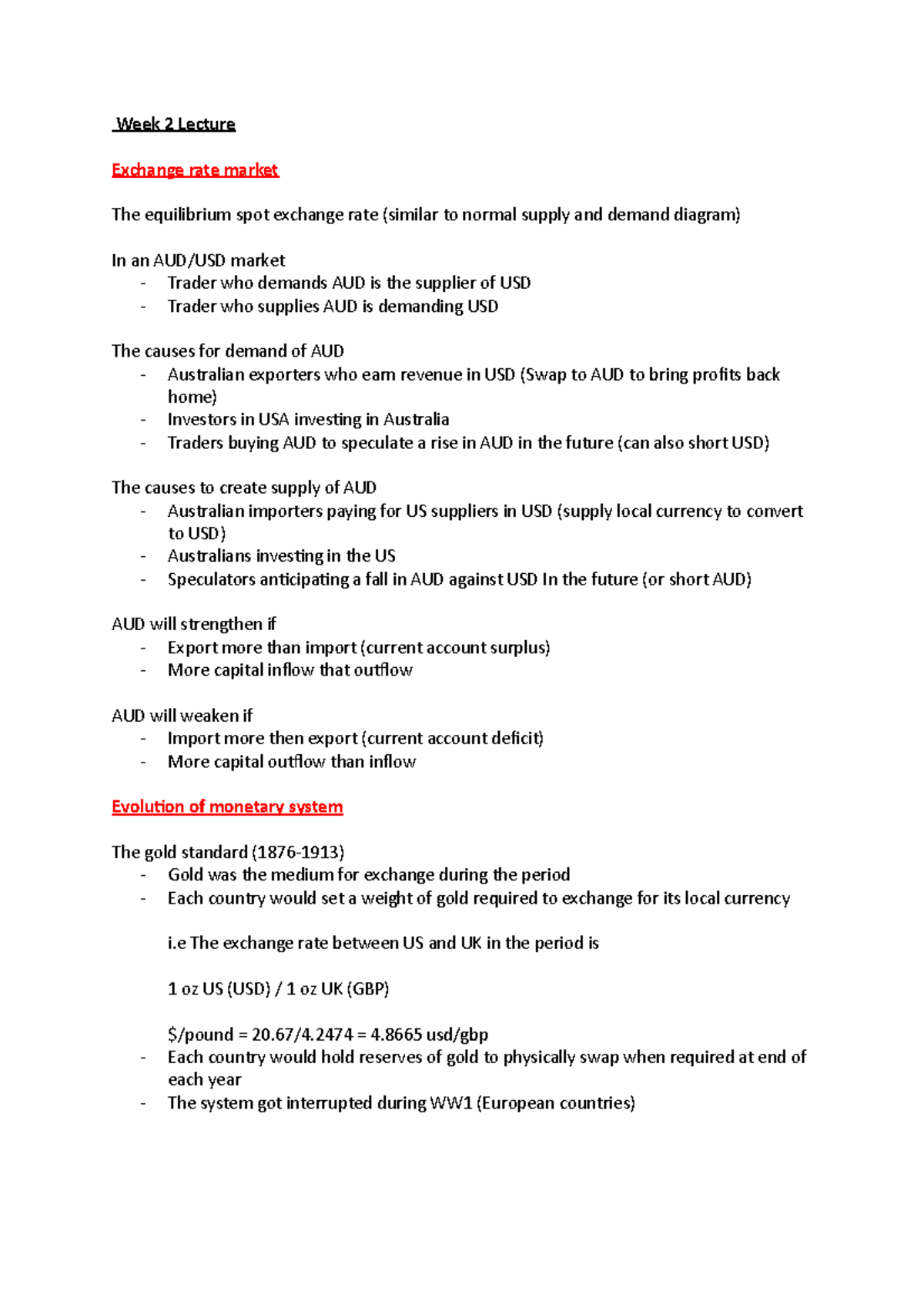 Week 2 lecture notes - Week 2 Lecture Exchange rate market The ...