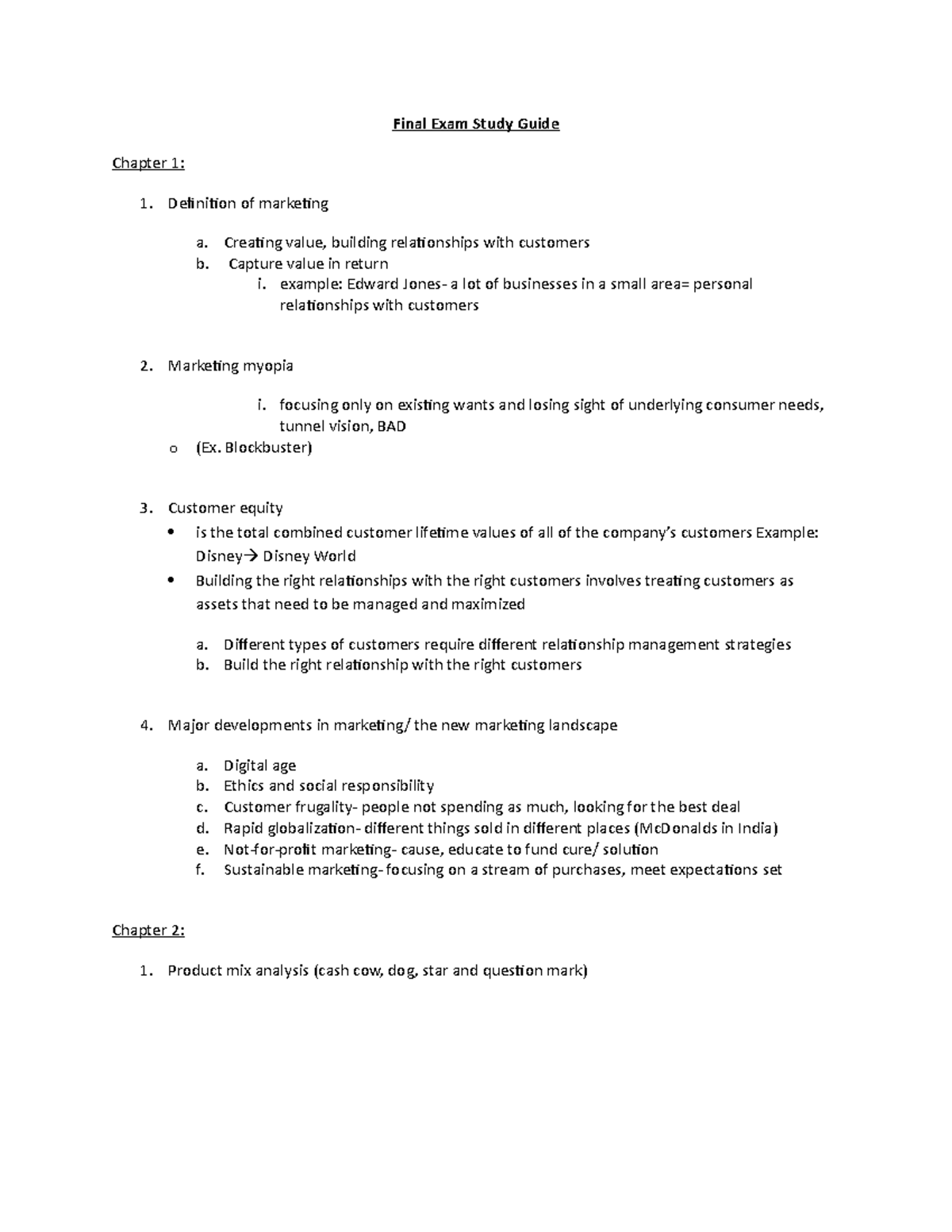 Marketing Final Exam Study Guide - Final Exam Study Guide Chapter 1: 1 ...