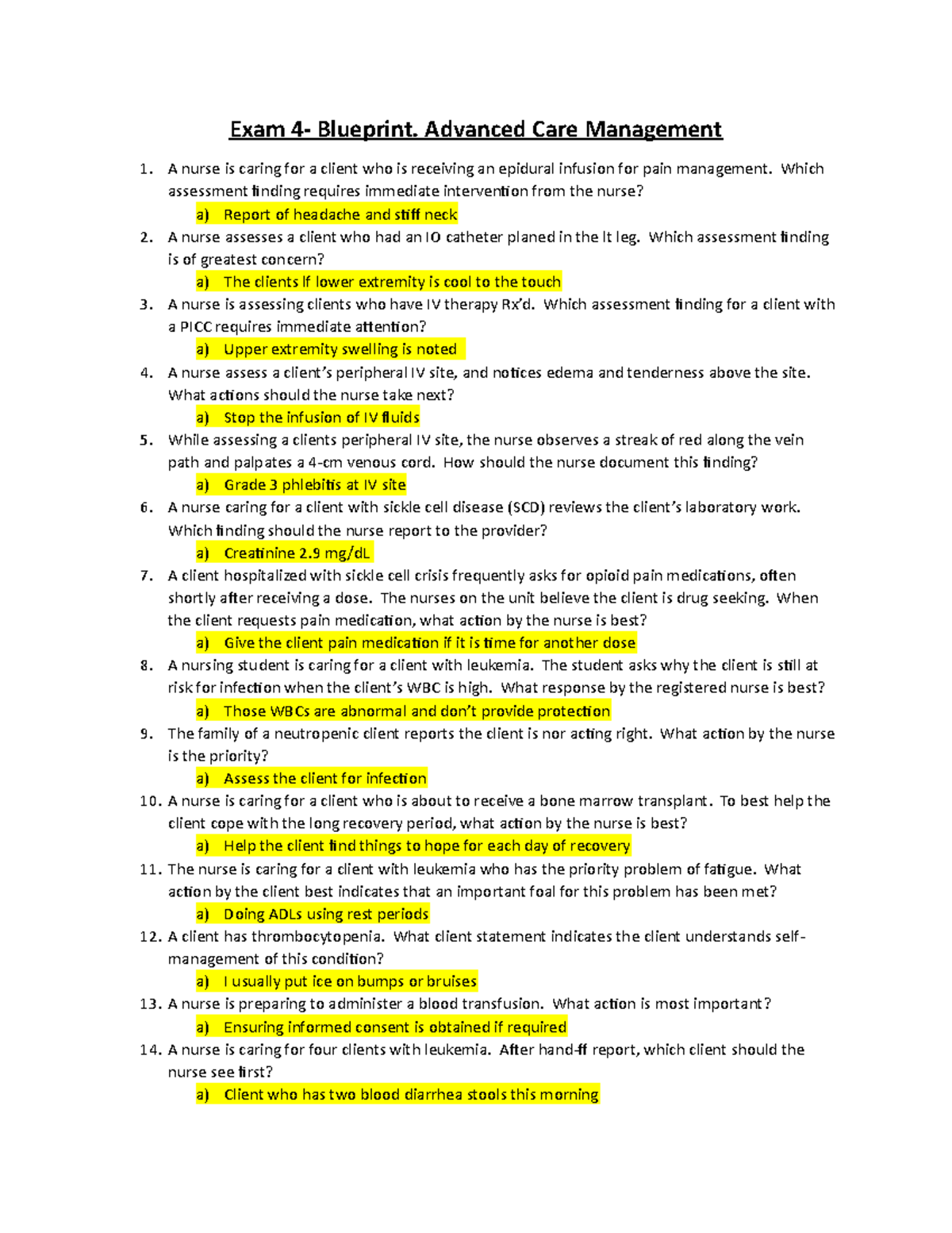 Exam 4 practice questions - Exam 4- Blueprint. Advanced Care Management ...